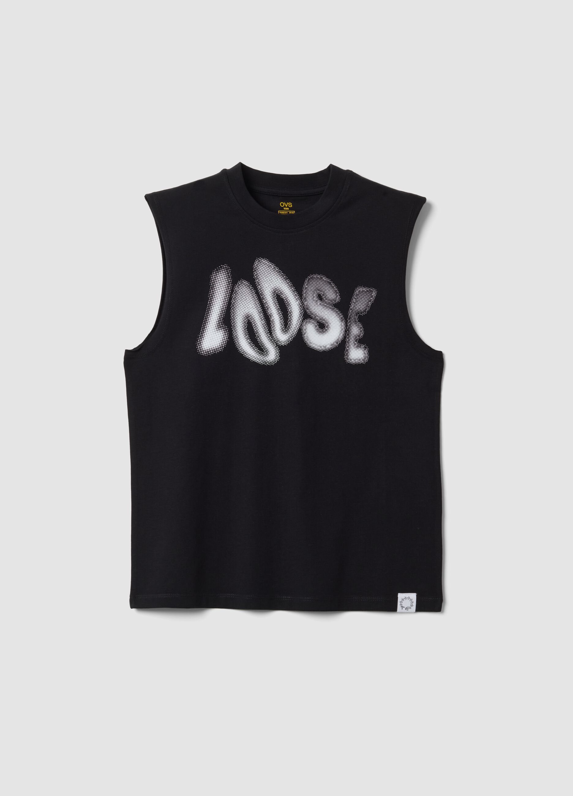 Top preto de algod&atilde;o puro para rapaz, corte oversize
