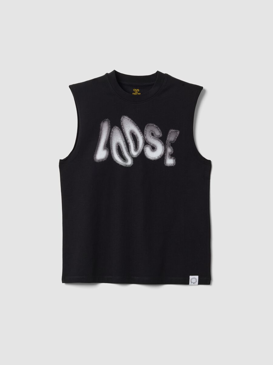 Top preto de algod&atilde;o puro para rapaz, corte oversize_0