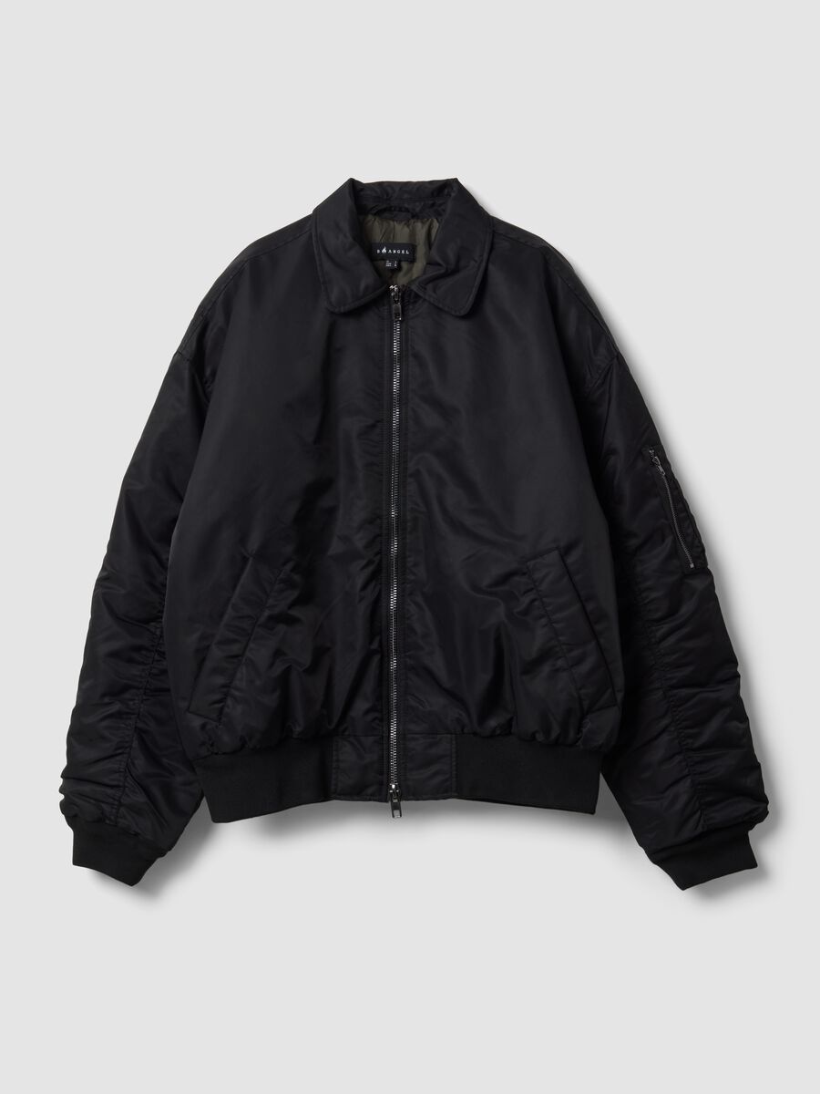 Black cropped padded jacket with zip and shirt collar_0