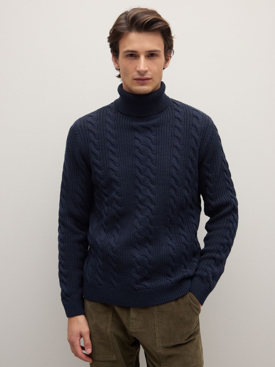 Blue high-neck sweater with regular fit and jacquard pattern_1