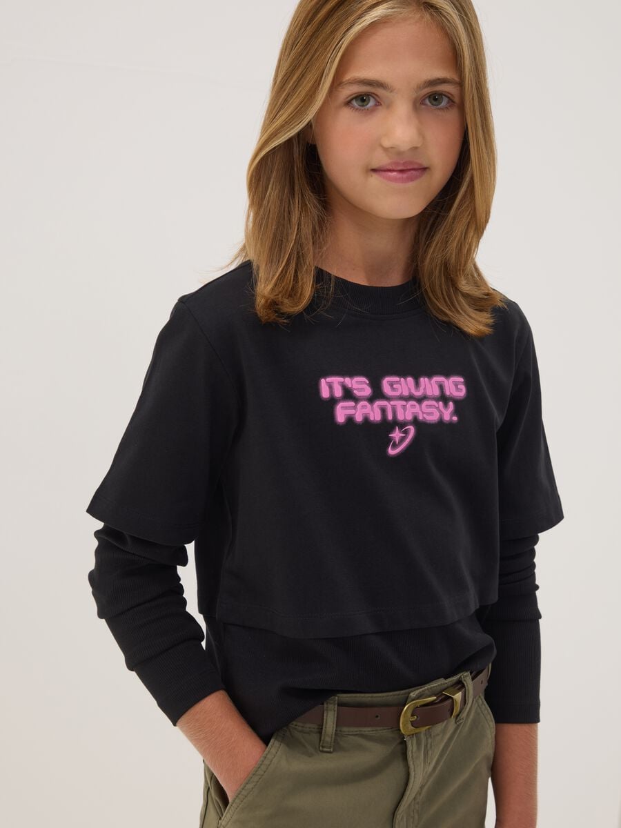 Black pure cotton T-shirt with ribbed crew neck and boxy fit print_1