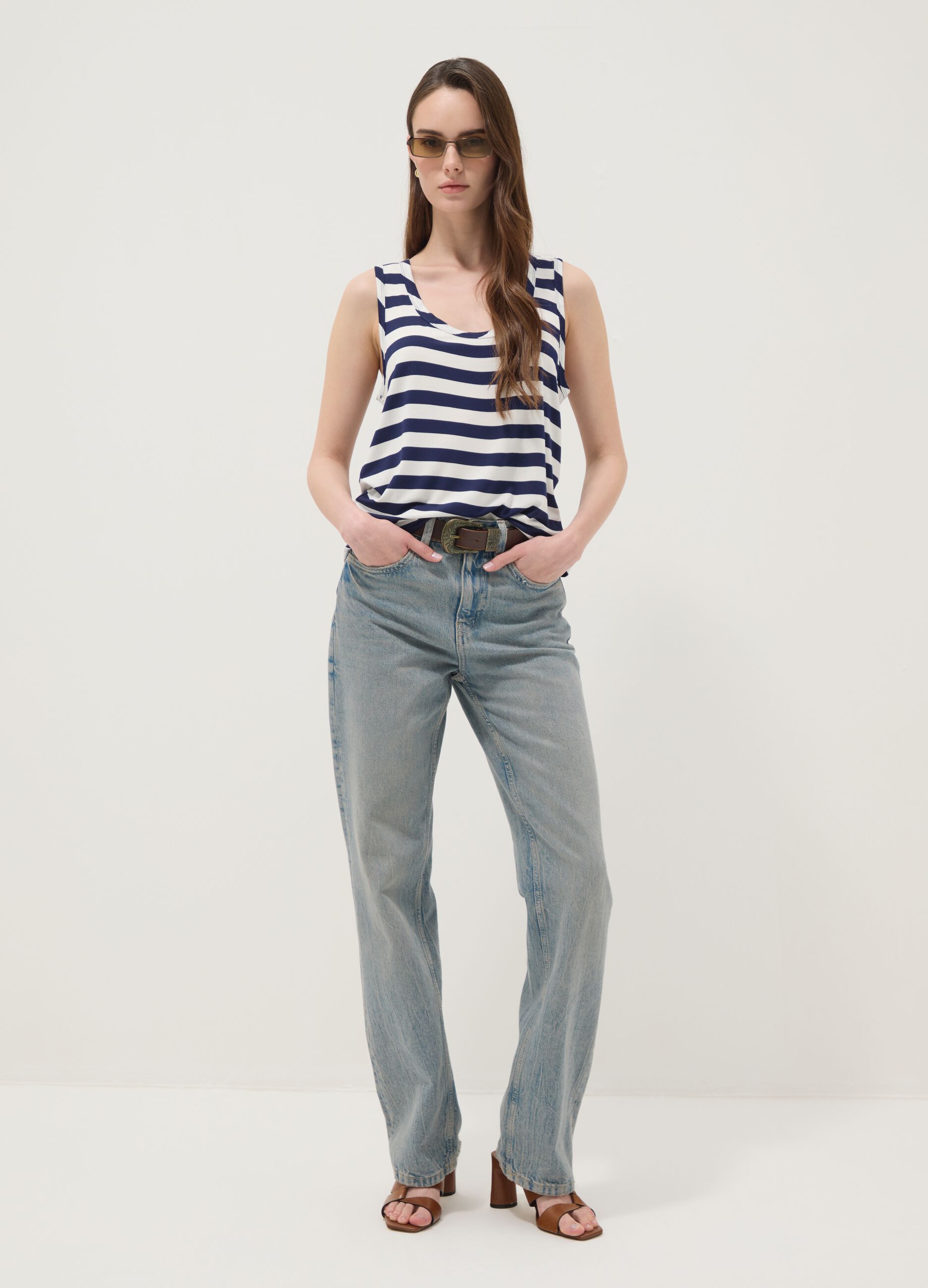 Multicolour striped regular-fit stretch viscose tank top