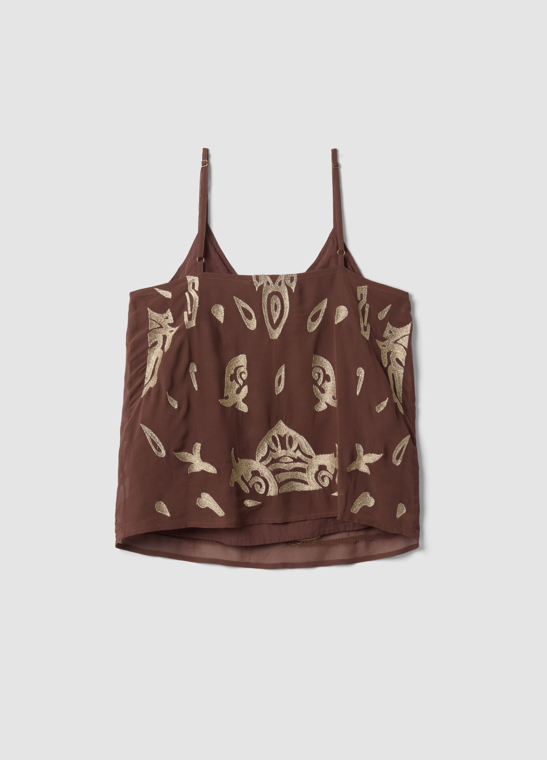 Brown fitted pure viscose top with thin straps and embroidered pattern