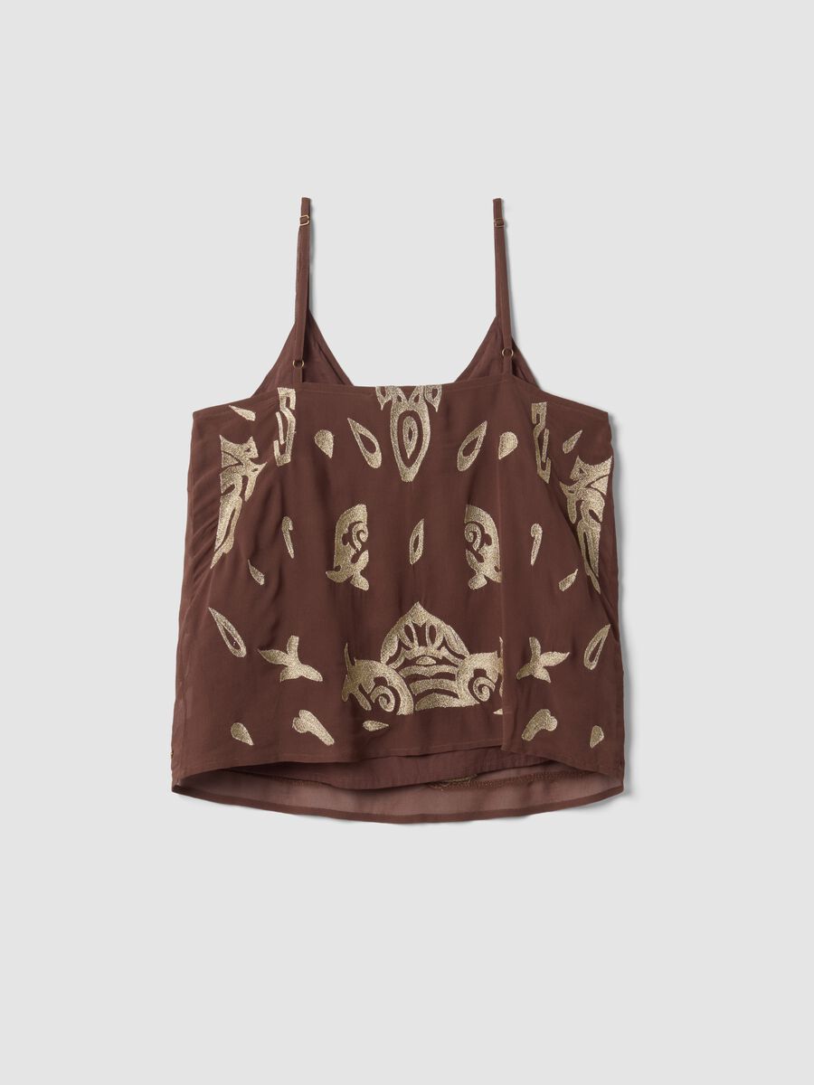 Brown fitted pure viscose top with thin straps and embroidered pattern_6
