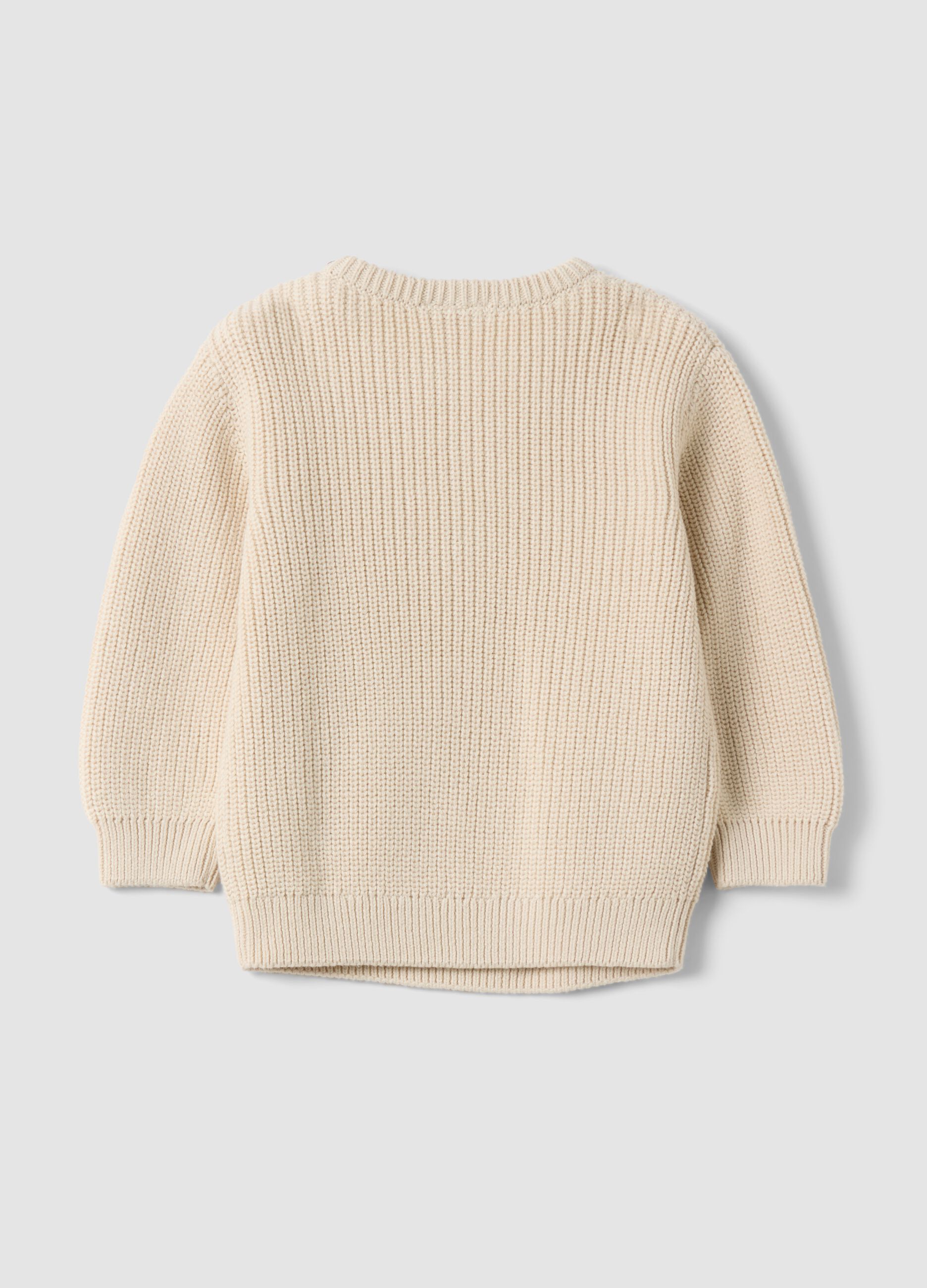 Beige pure cotton knit jumper with crew neck