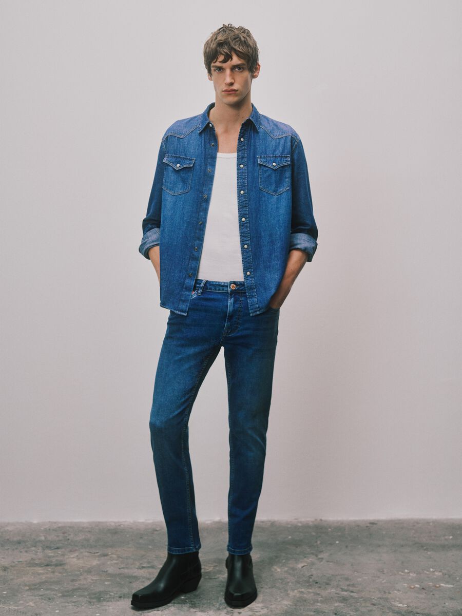 Blue denim regular fit pure cotton shirt with pockets_0