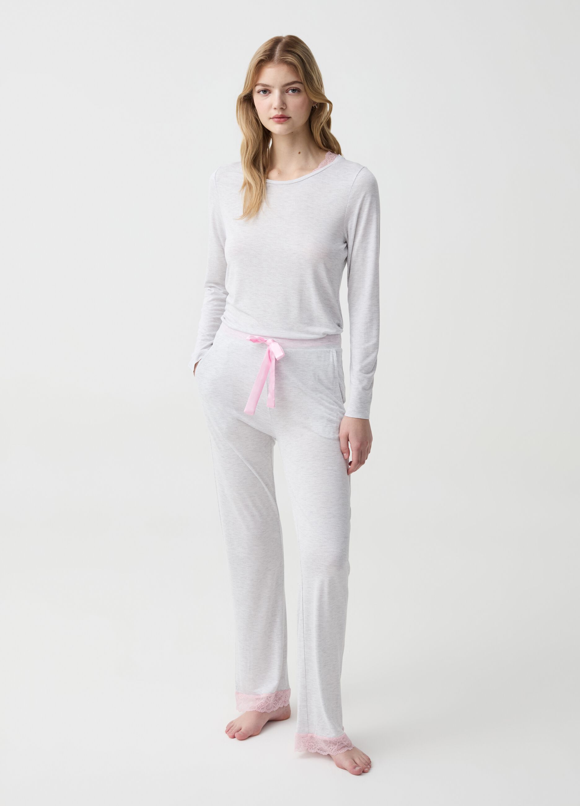 Long mélange pyjamas with lace