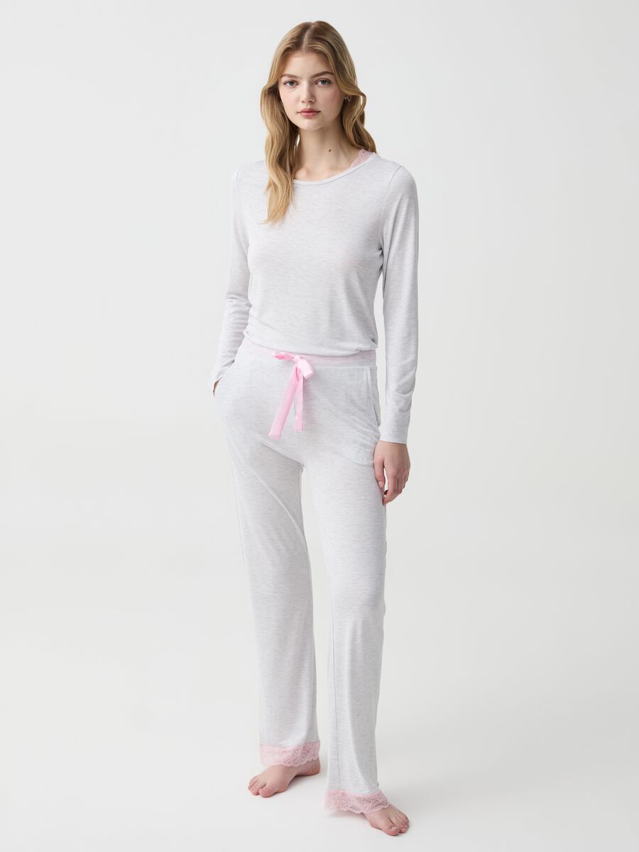 Long mélange pyjamas with lace_0