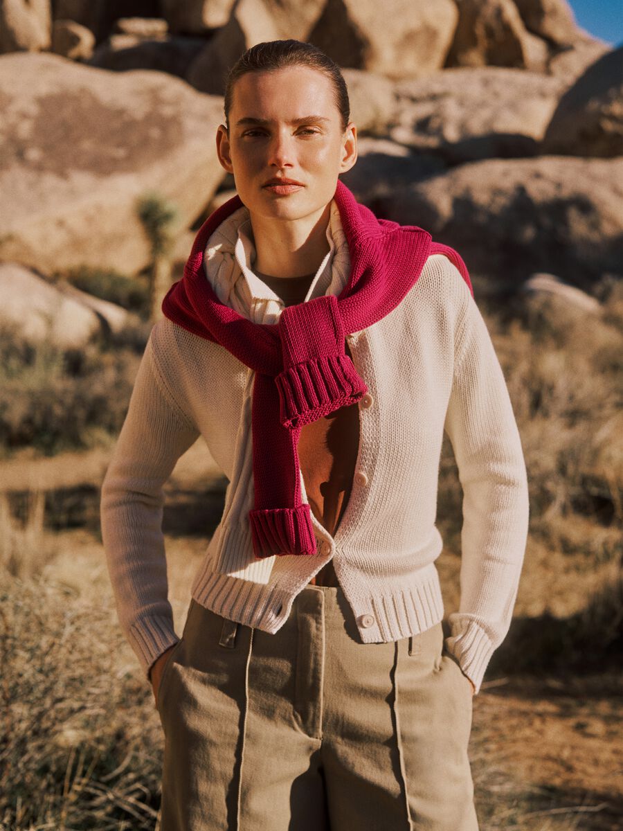 Beige pure cotton regular fit cardigan with polo collar_0