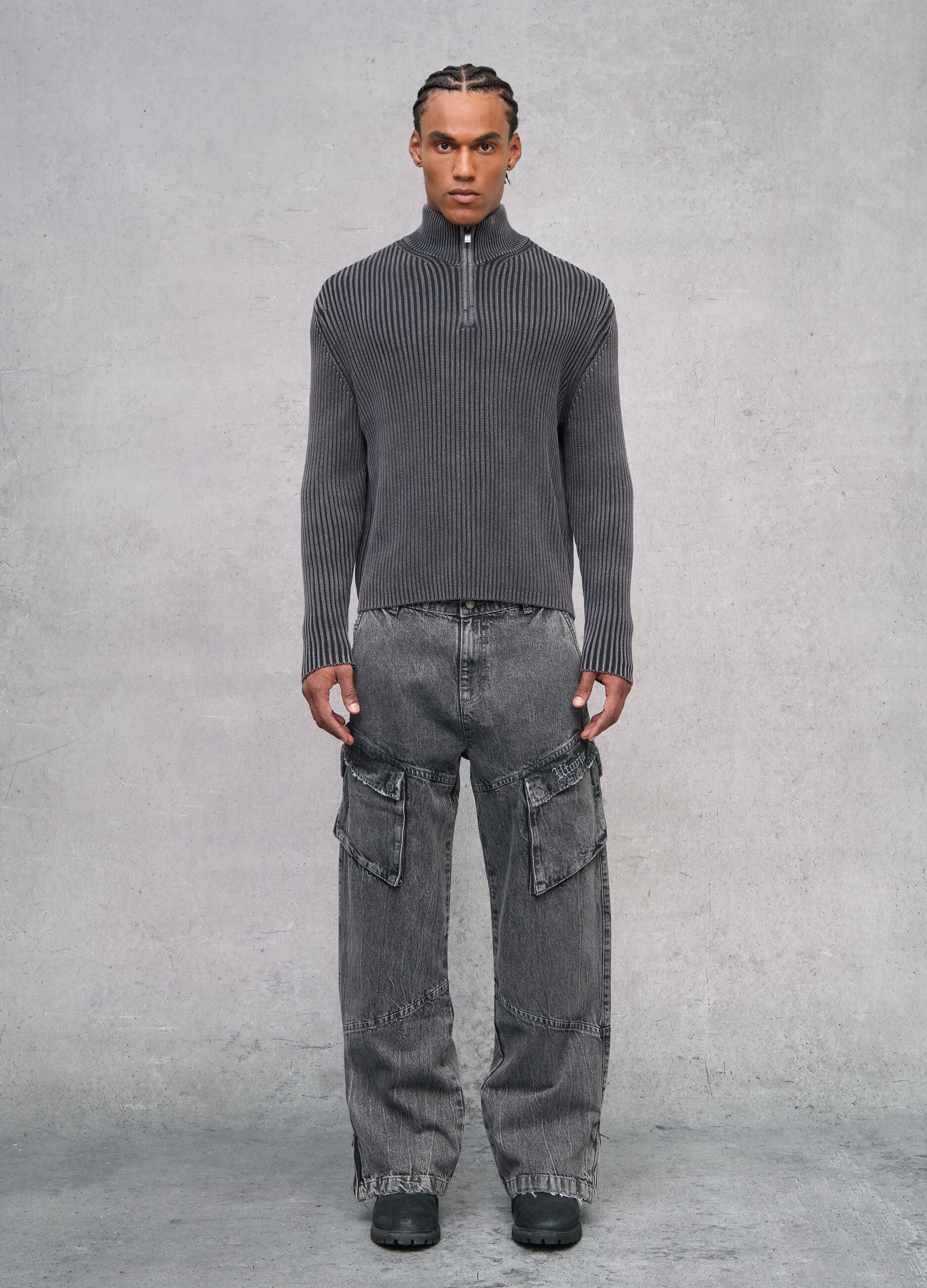 Half-Zip Ribbed Knit Vintage Grey