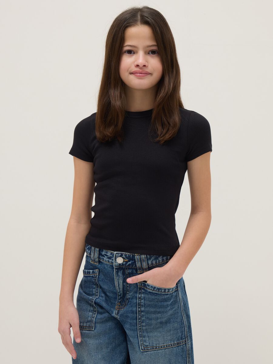 Black stretch cotton fitted t-shirt for girls_0