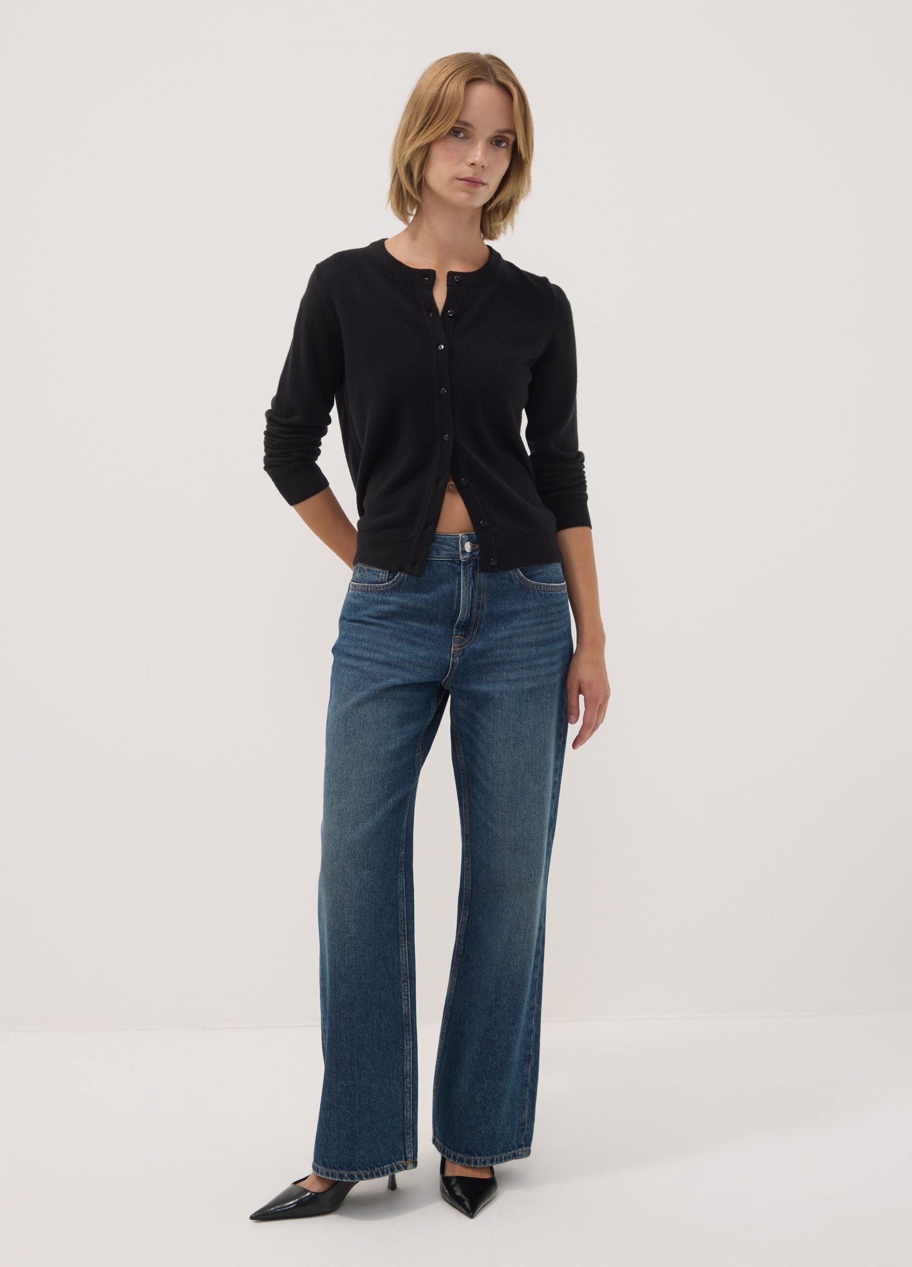 Black crew-neck regular-fit cardigan with buttons