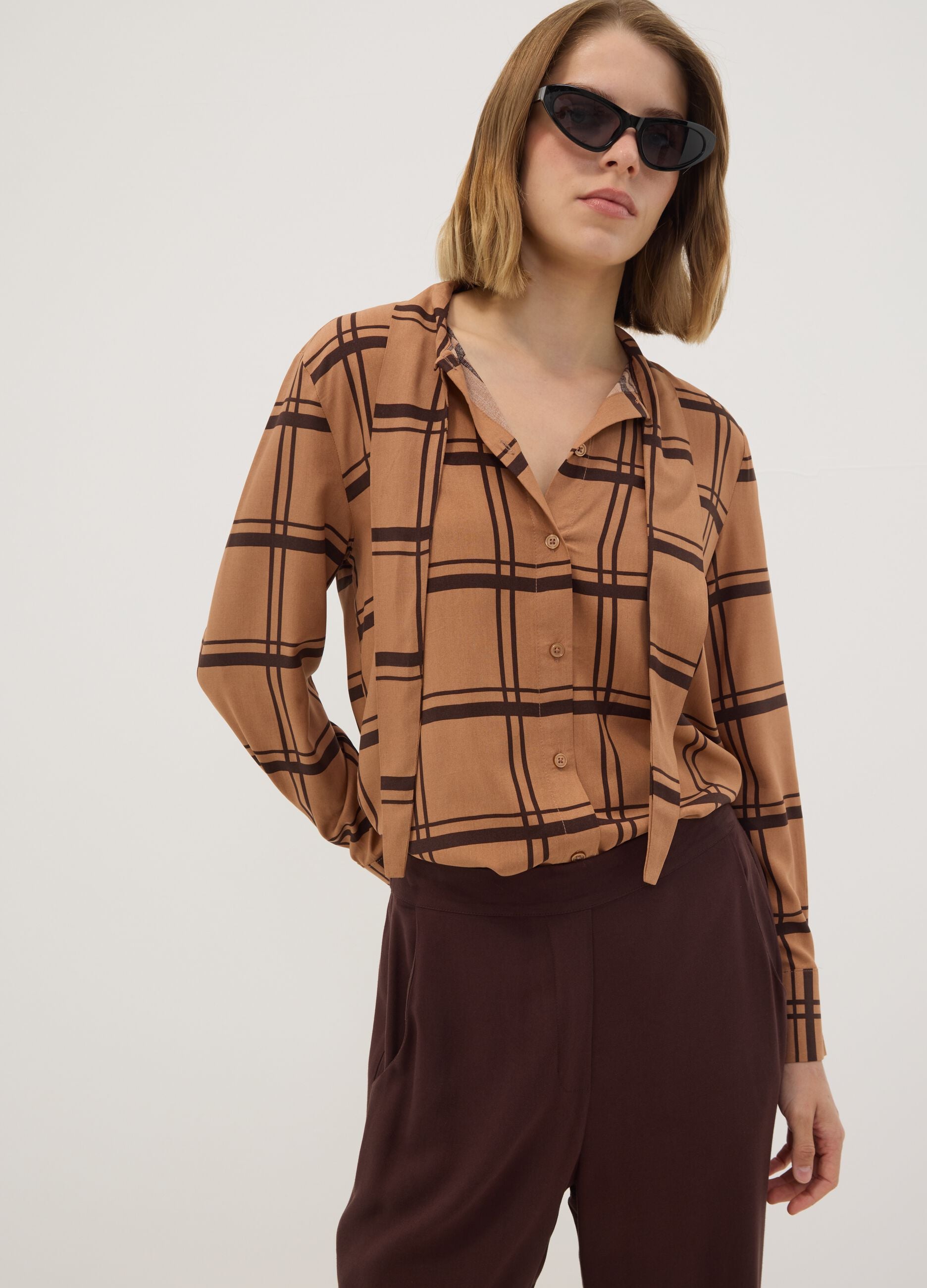 Brown checked pure viscose shirt with neck tie, regular fit