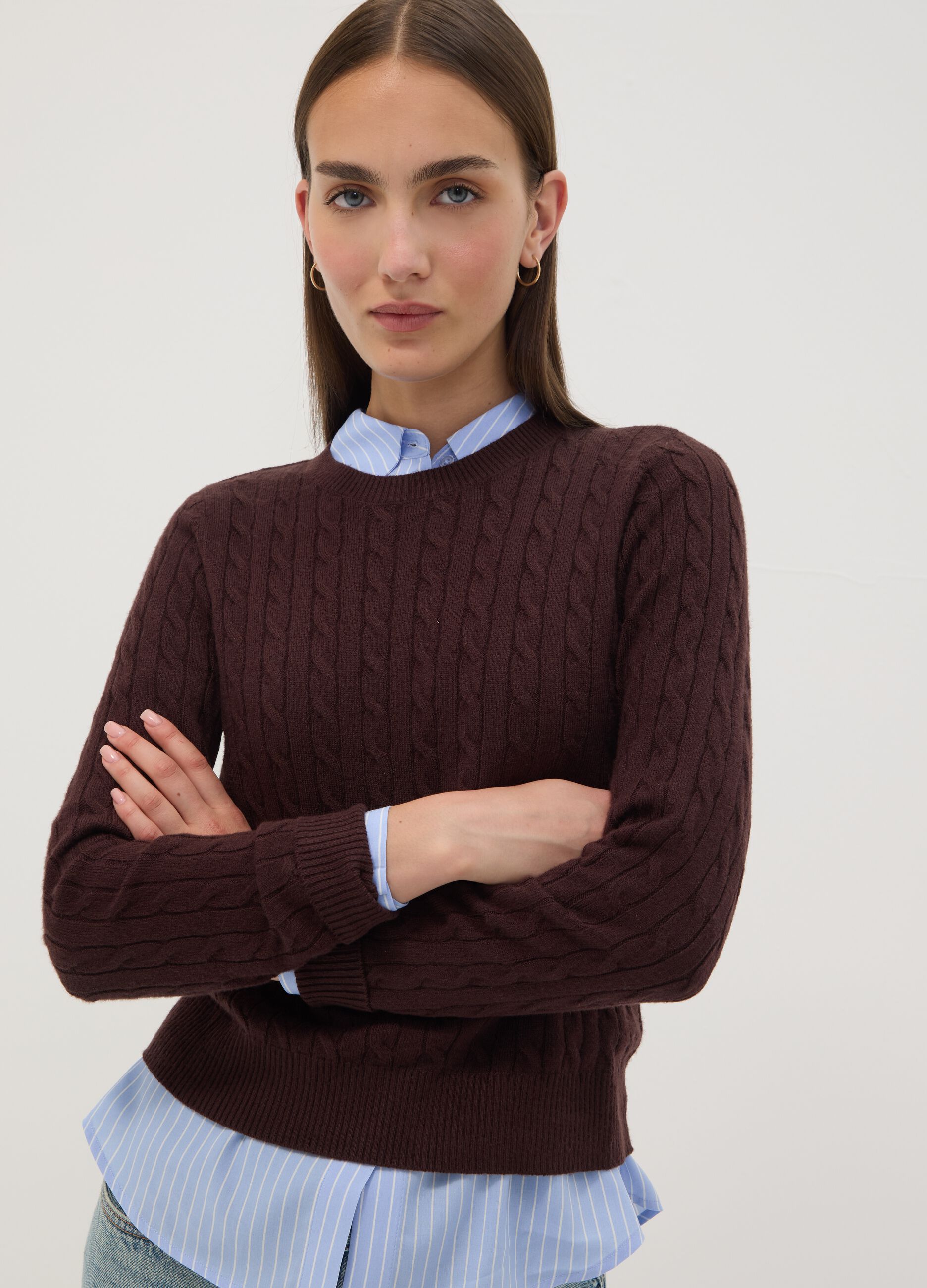 Brown cable-knit crew-neck jumper, regular fit