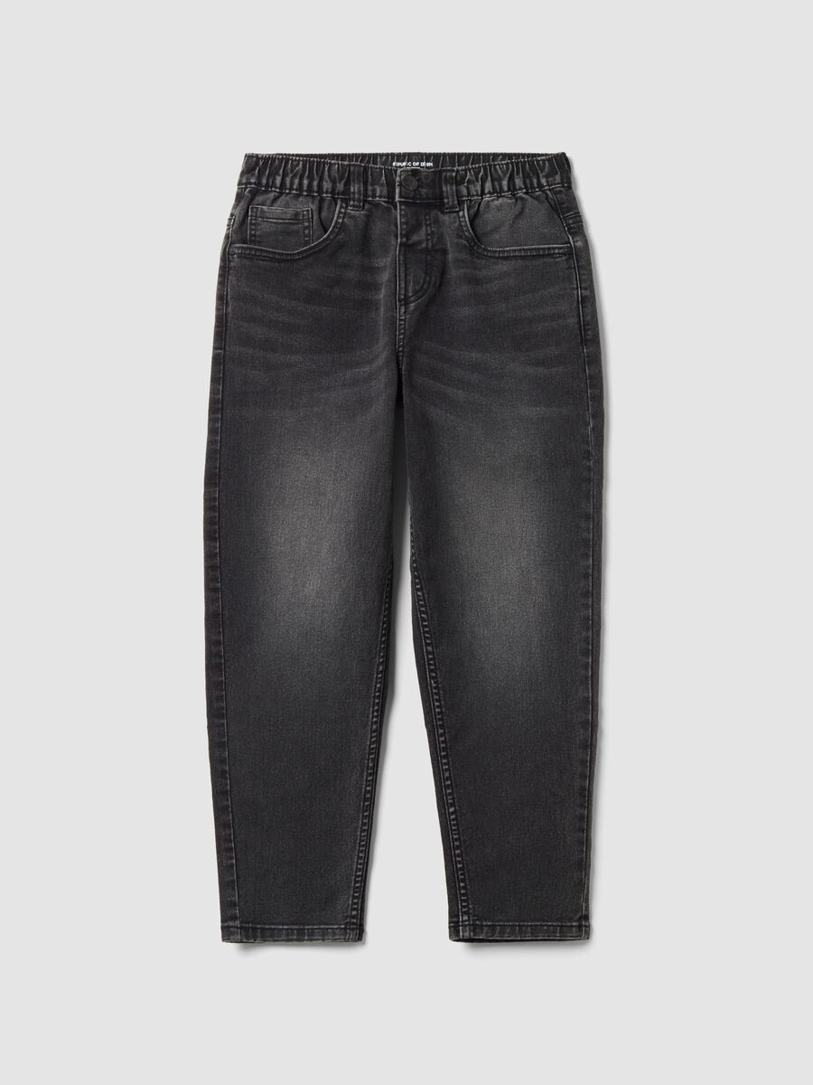 Black stretch cotton jeans with elasticated waist for boys_3