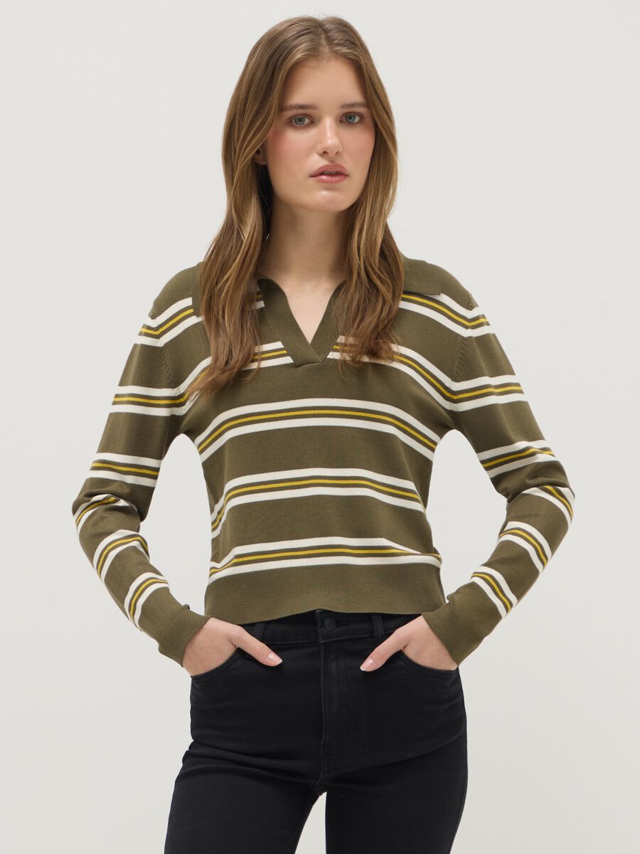 Multicolour striped regular fit jumper with polo collar_0