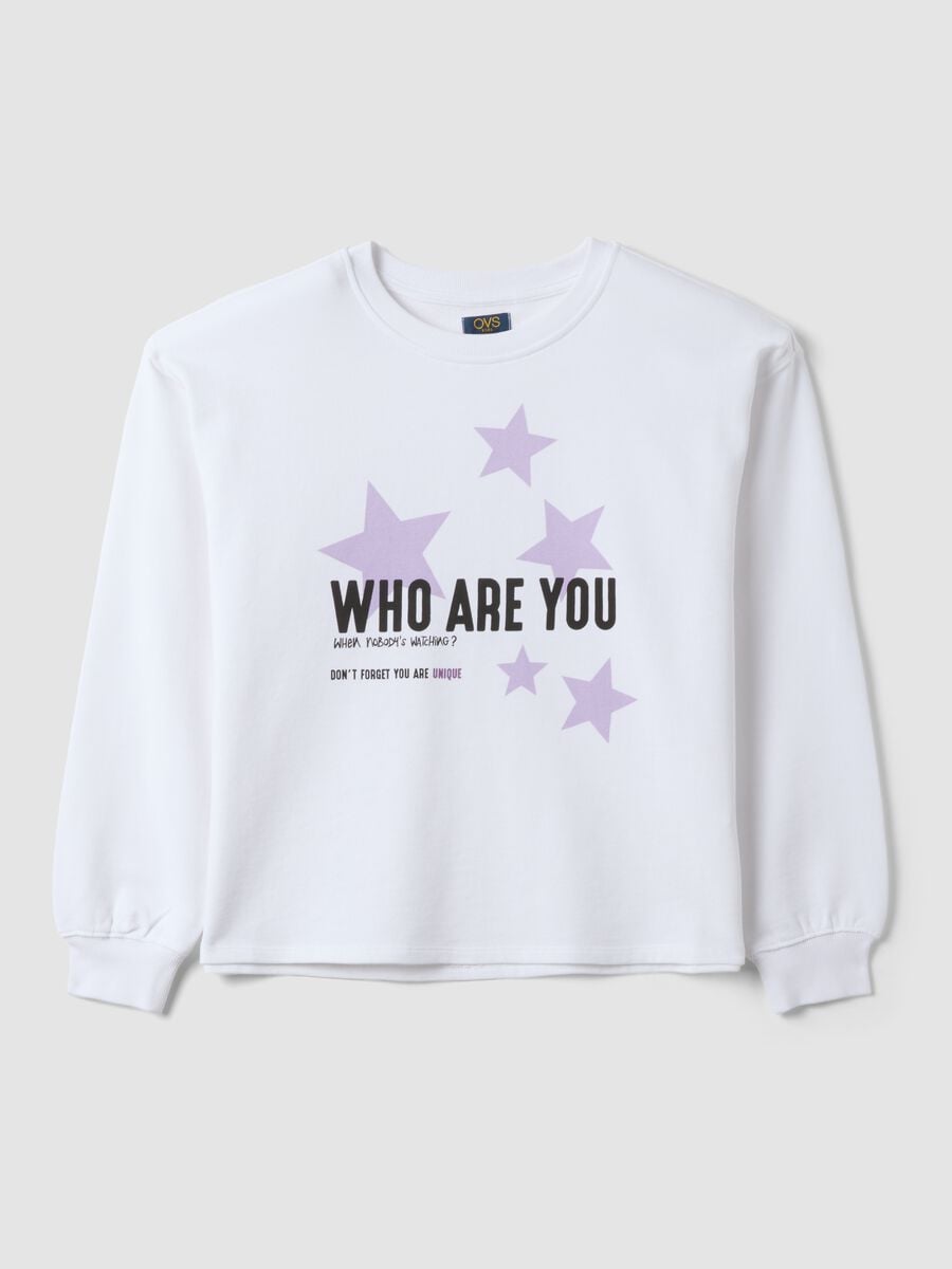 White 100% cotton sweatshirt with ribbed neck and print for girls_0