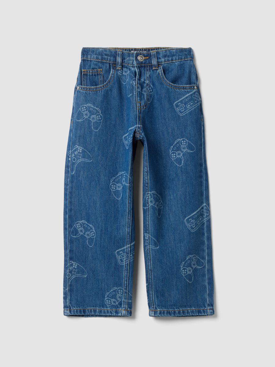 Cotton-viscose blend denim jeans with gaming print_0