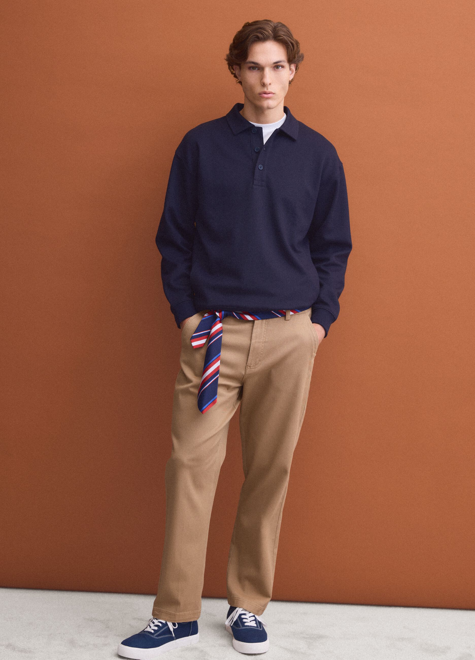Navy stretch polo-collar sweatshirt with a relaxed fit