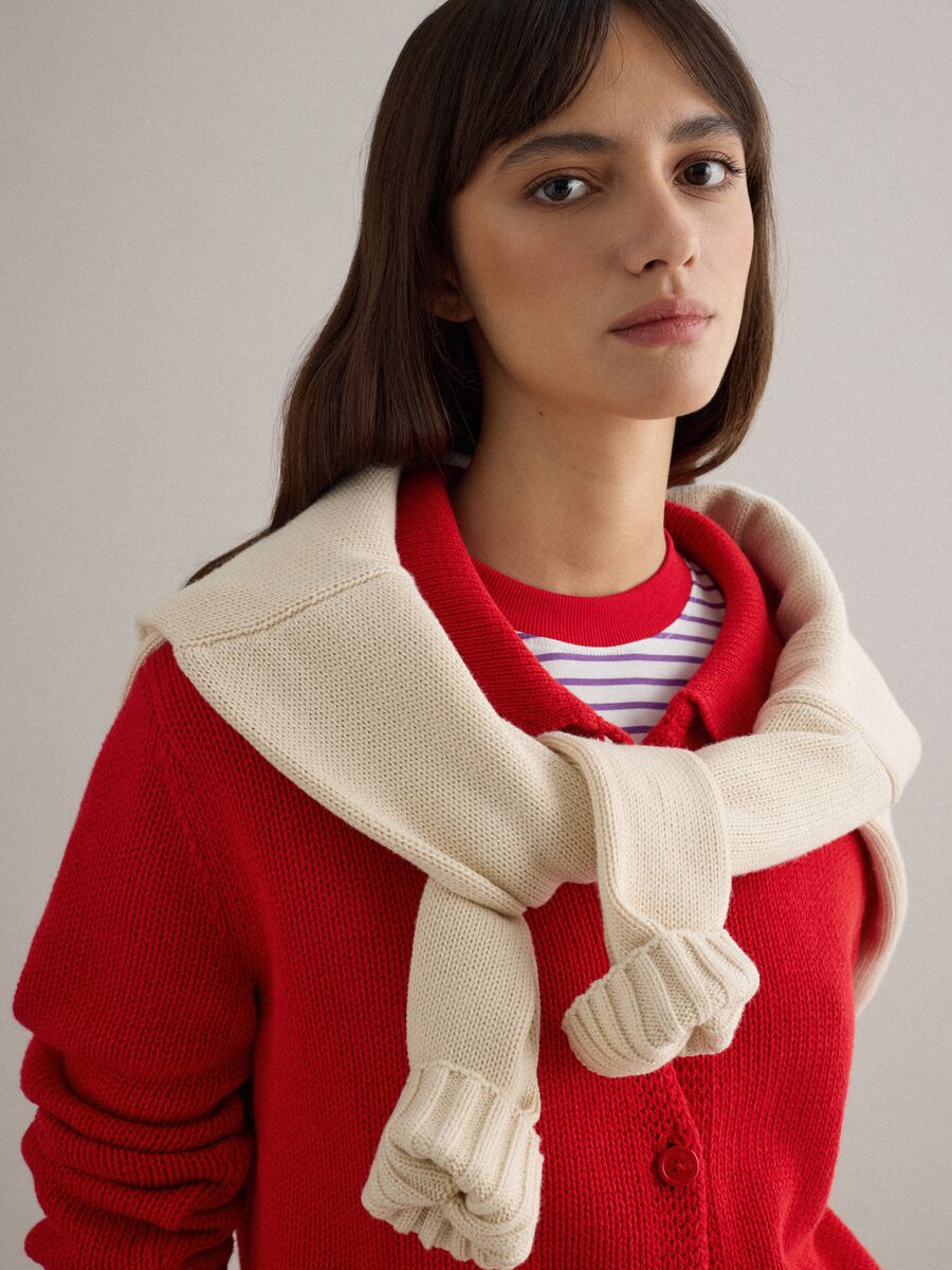 Regular Fit Red Cotton Cardigan with Polo Collar_4