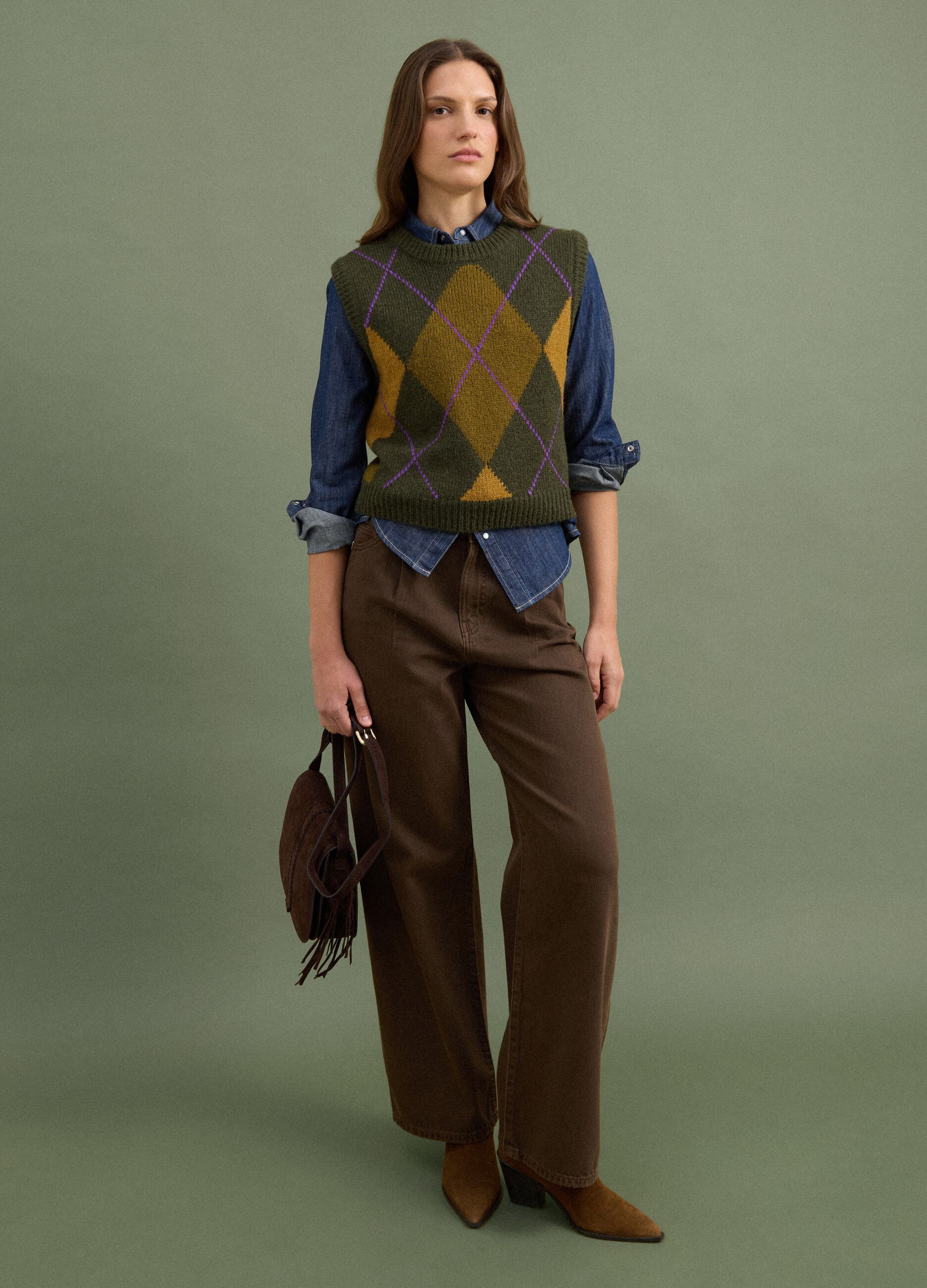 Green jacquard wool-blend crew-neck gilet, regular fit