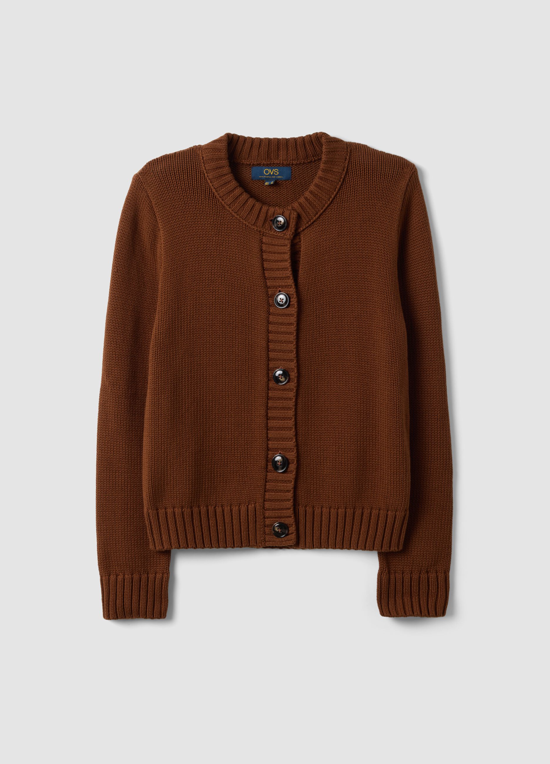 Brown pure cotton crew-neck cardigan with buttons, regular fit