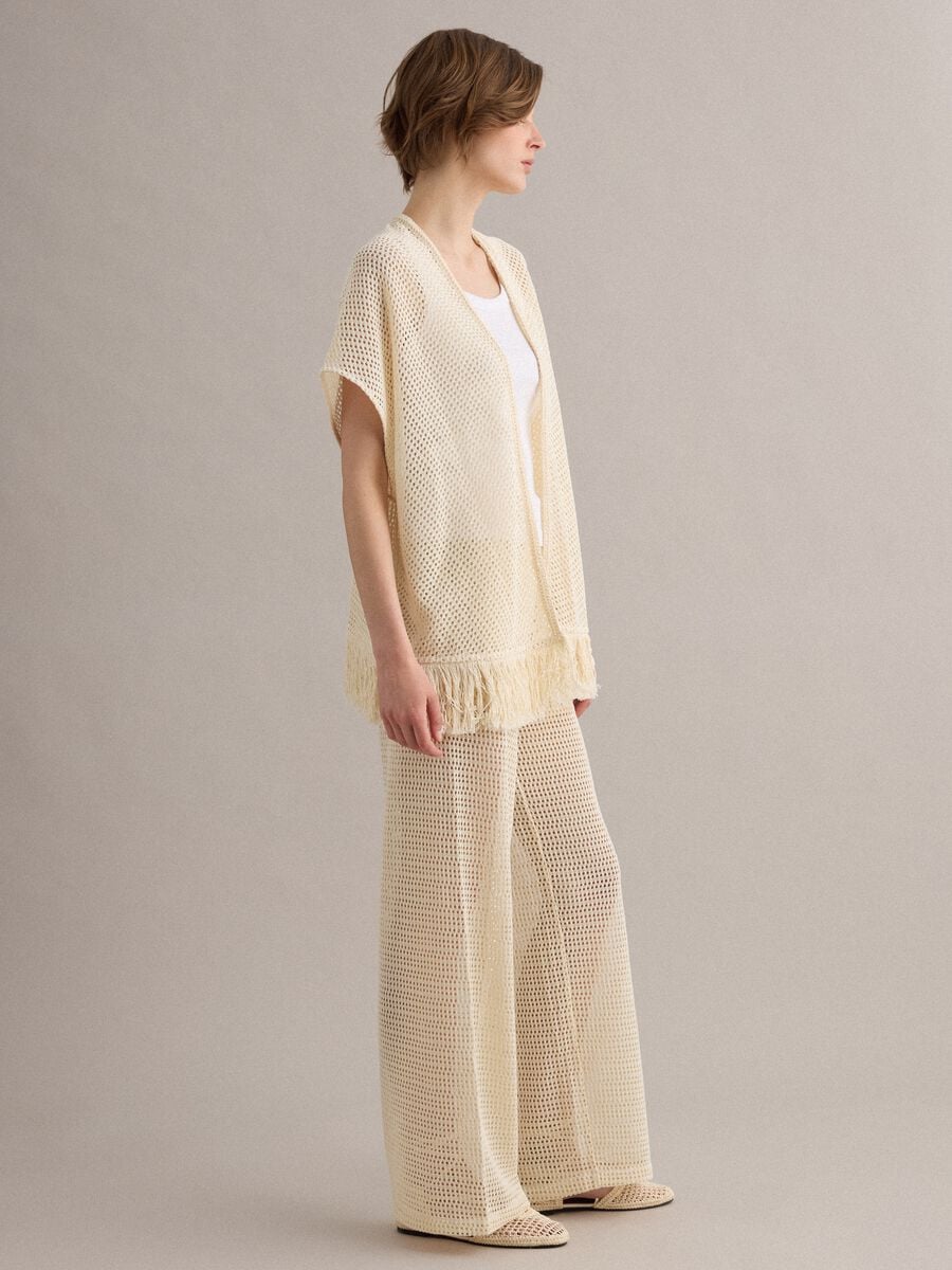 Beige crochet viscose-blend cardigan with fringes_1