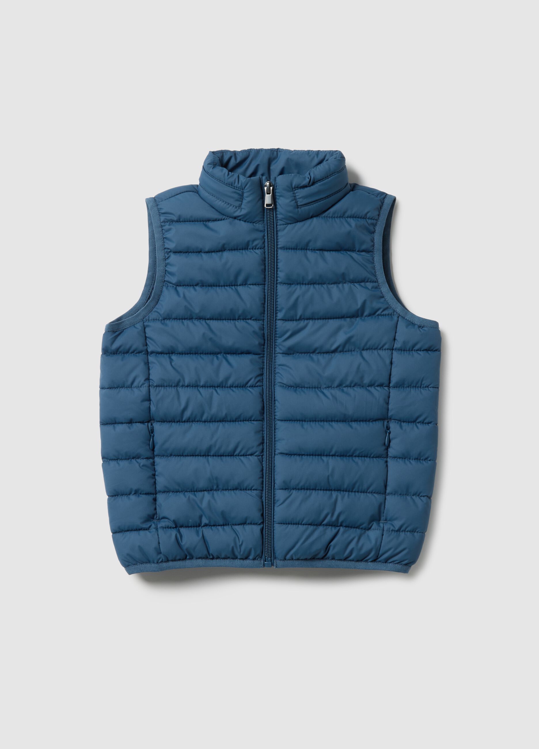 Blue padded children's gilet, regular fit, water repellent with zip