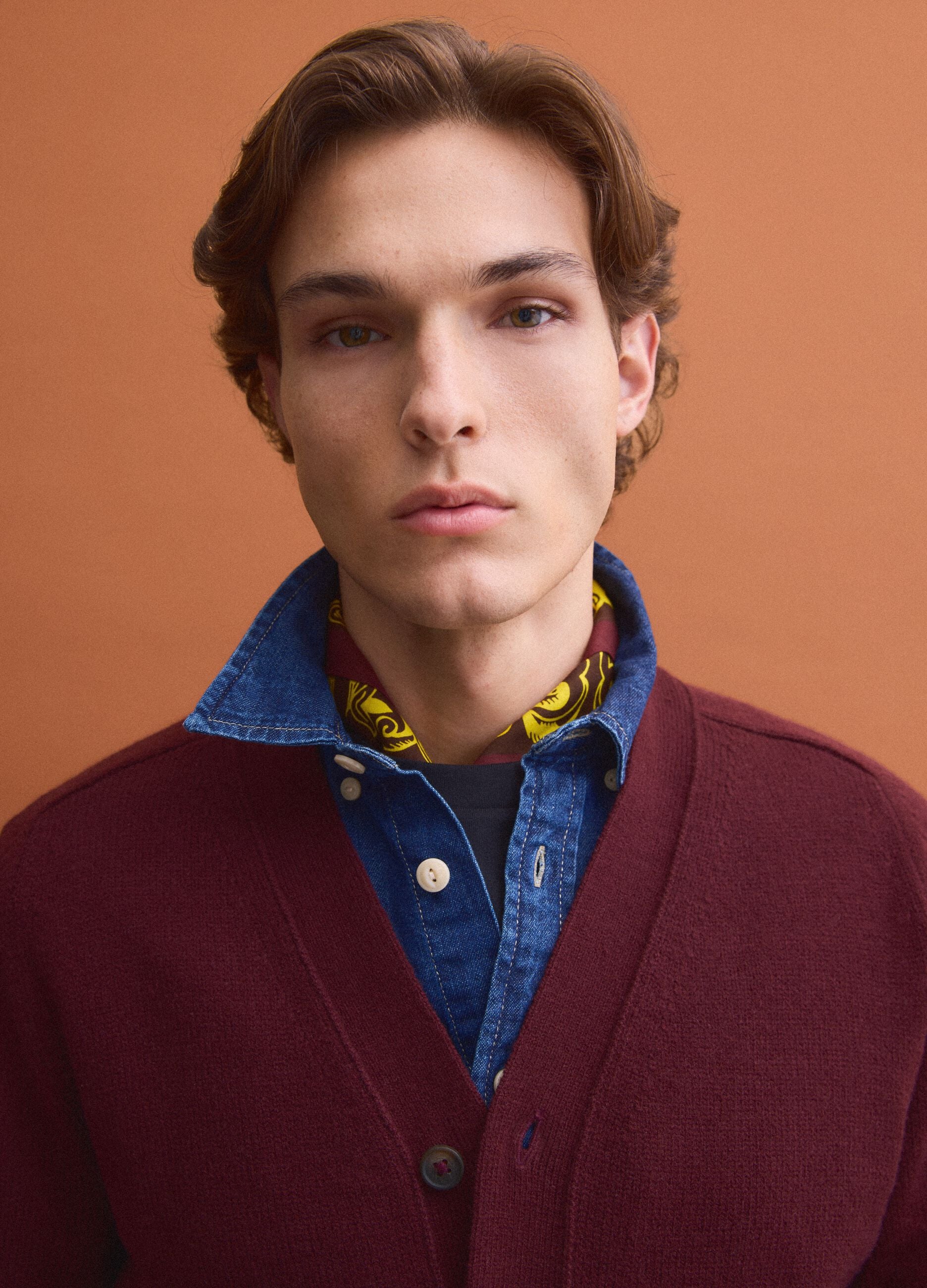 Red wool-blend cardigan with deep V-neck