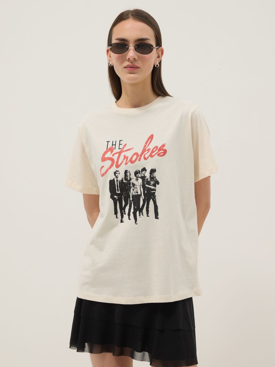 Beiges T-Shirt aus reiner Baumwolle mit Oversize-Print, Relaxed Fit_1