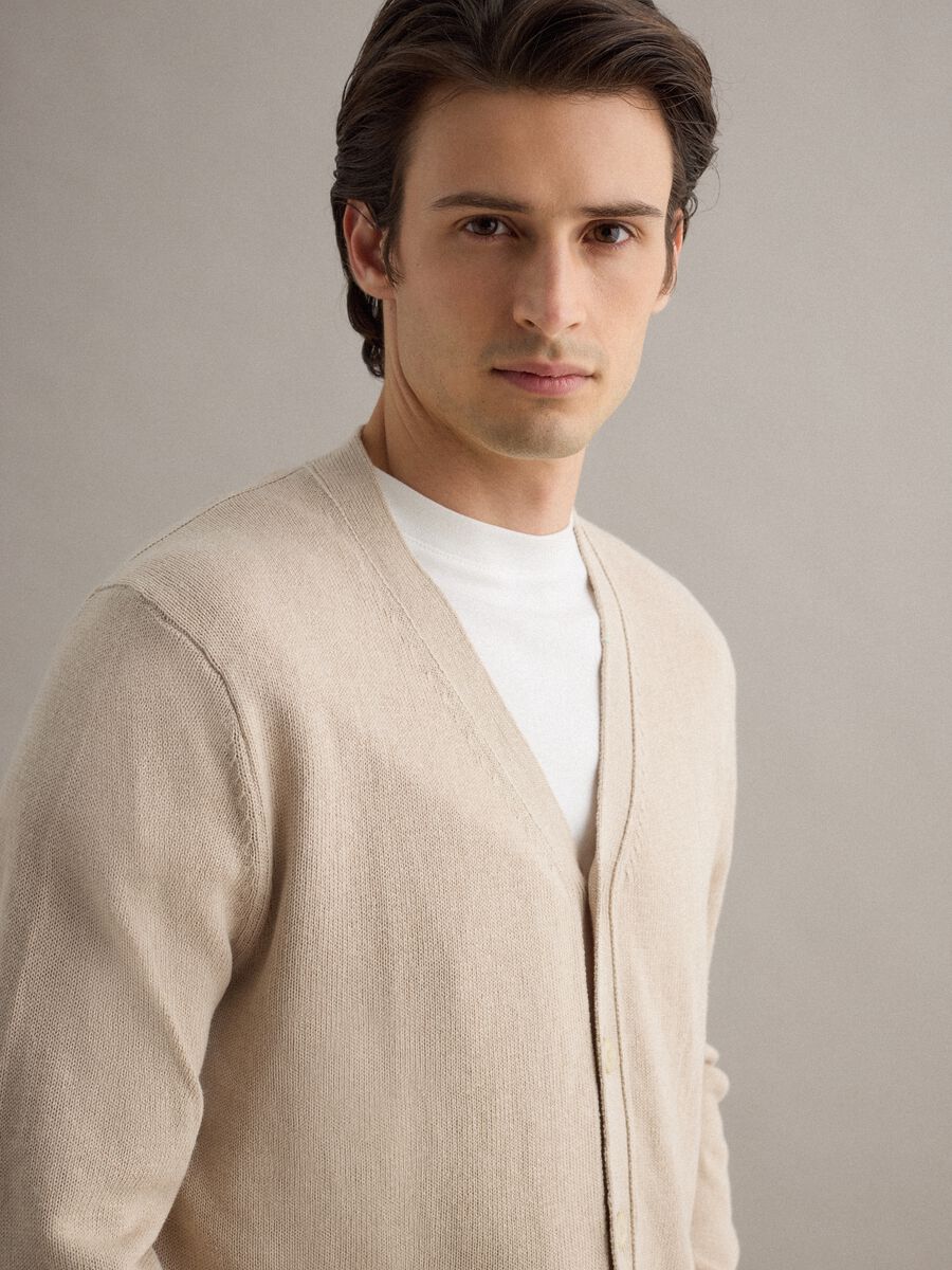 Beige deep V regular fit cotton and linen blend cardigan_0