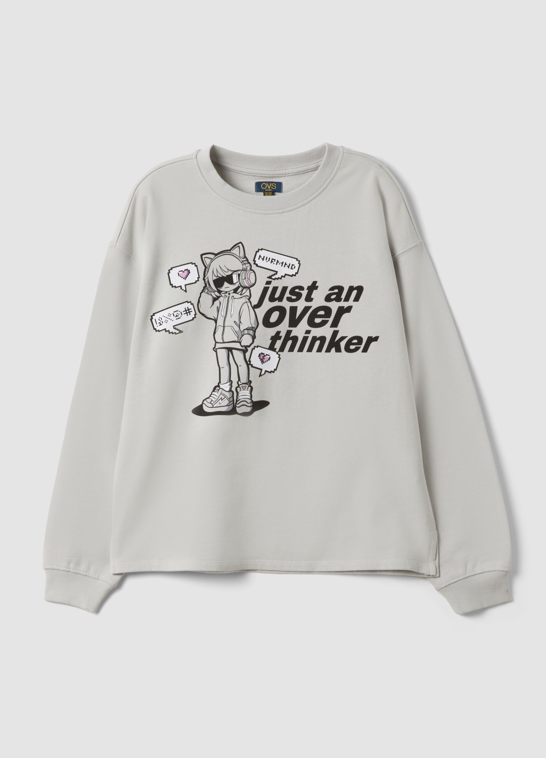Grey pure cotton sweatshirt with ribbed neckline and print for girls