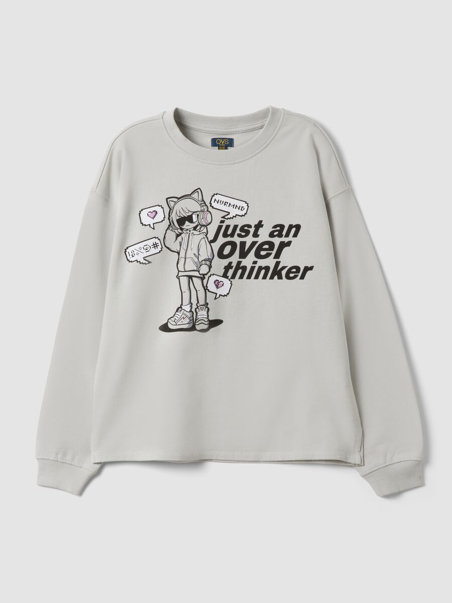 Grey pure cotton sweatshirt with ribbed neckline and print for girls_0