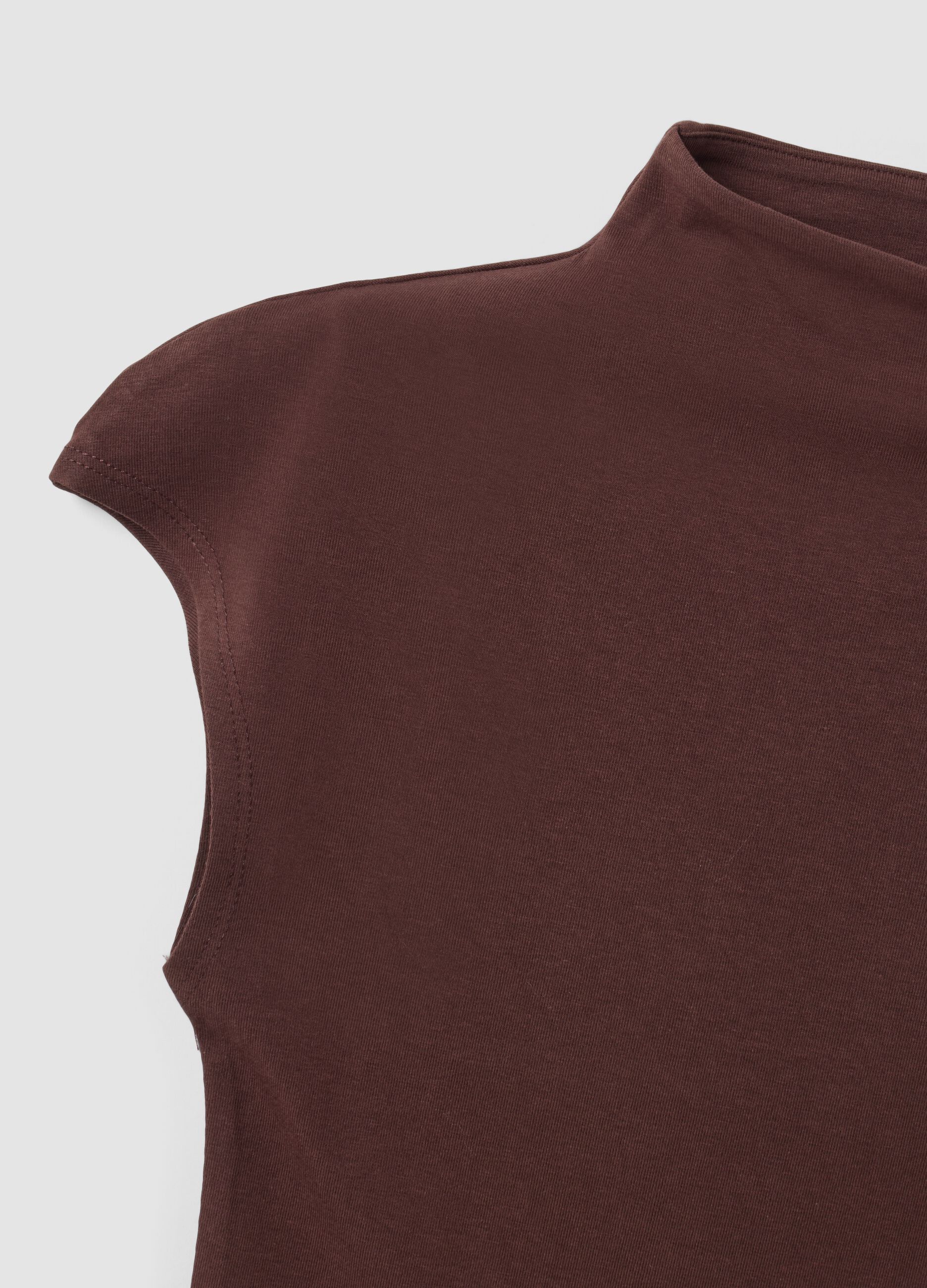 Brown fitted modal and stretch cotton T-shirt with mock neck