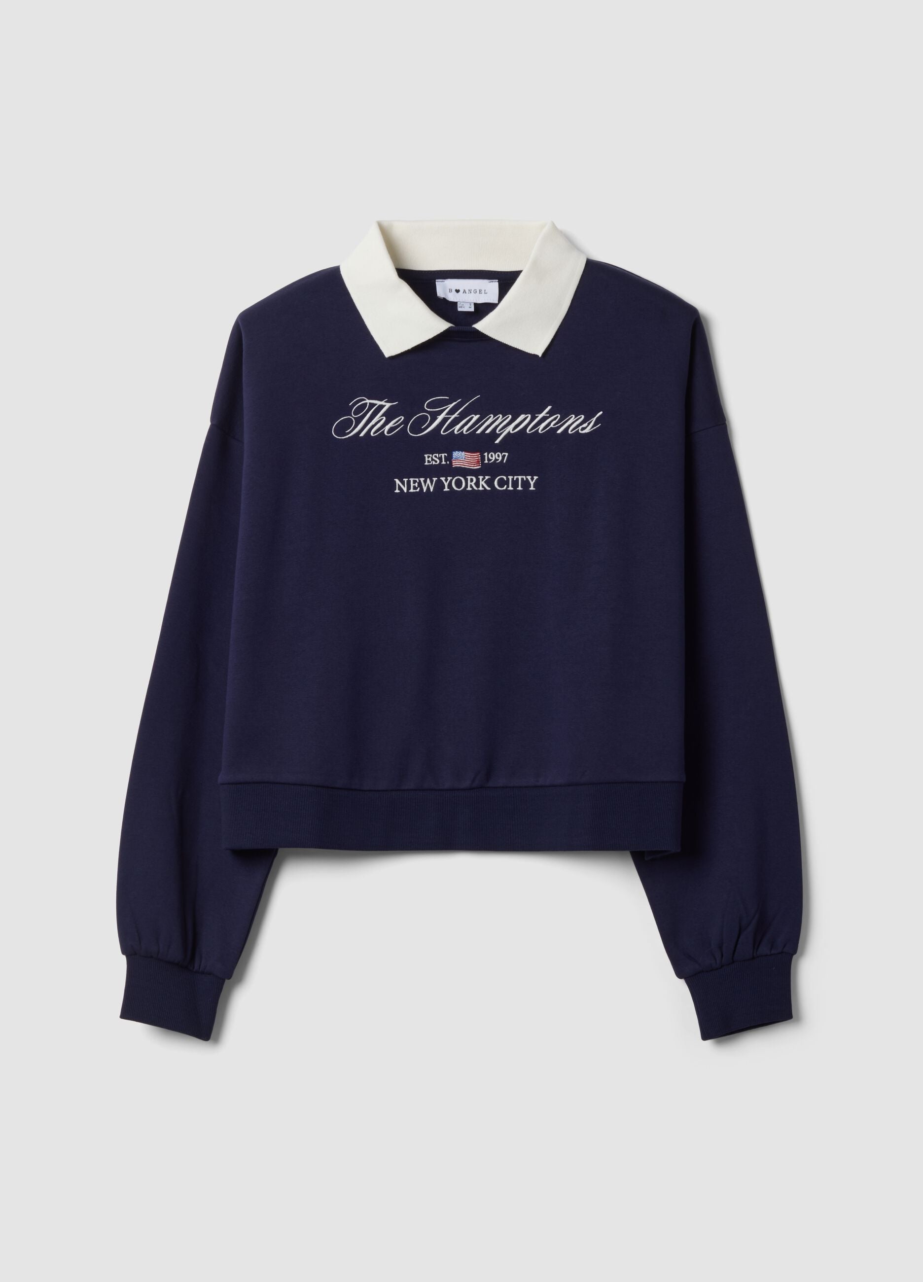Blue cotton-blend sweatshirt with crew neck and contrast collar