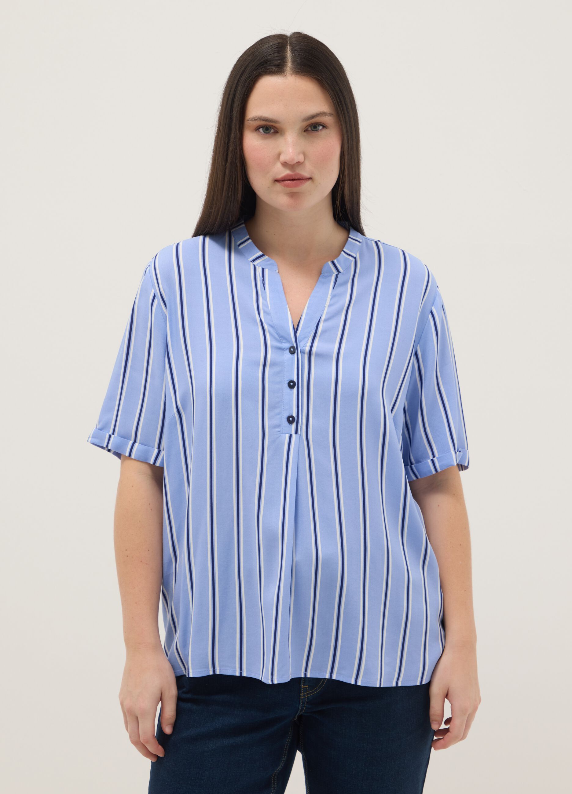 Multicolour stripe pure viscose shirt, regular fit with buttons
