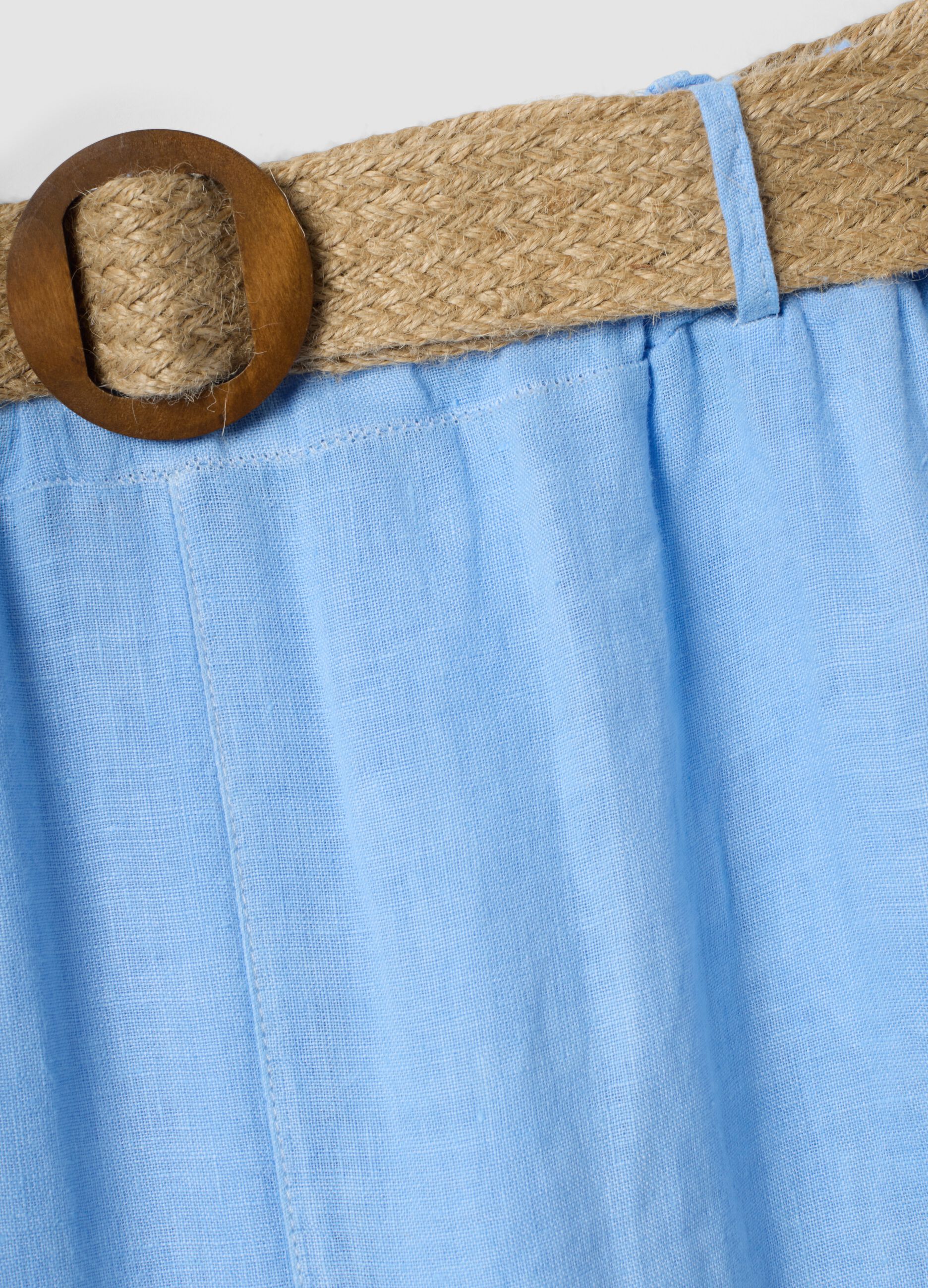Pantalon bleu ciel 100 % lin, coupe large, taille &eacute;lastiqu&eacute;e