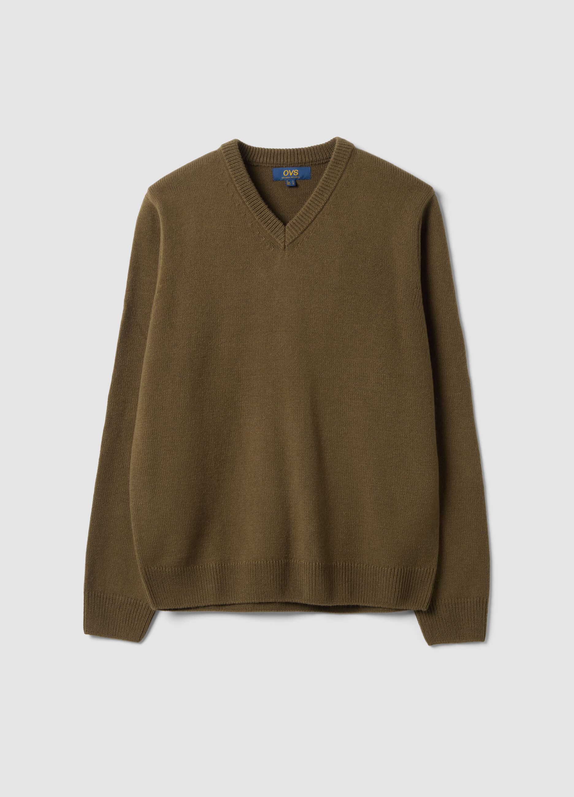 Olivgr&uuml;ner V-Ausschnitt-Pullover in Regular Fit