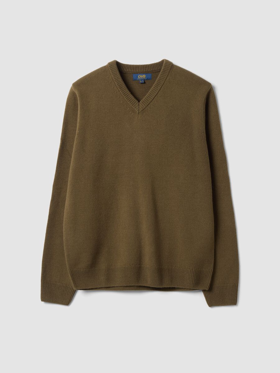 Olivgr&uuml;ner V-Ausschnitt-Pullover in Regular Fit_0