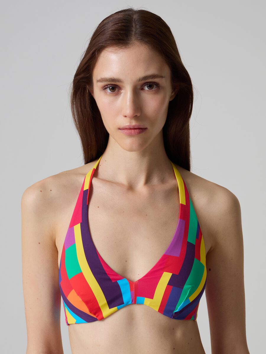 Top bikini de triángulo estampado multicolor_0