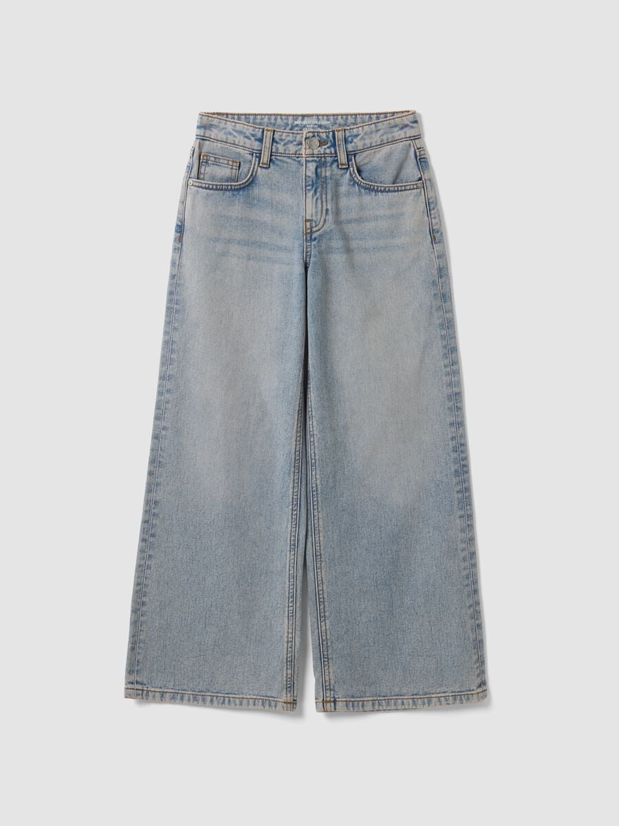 Light blue wide-leg denim jeans in pure cotton for girls_3