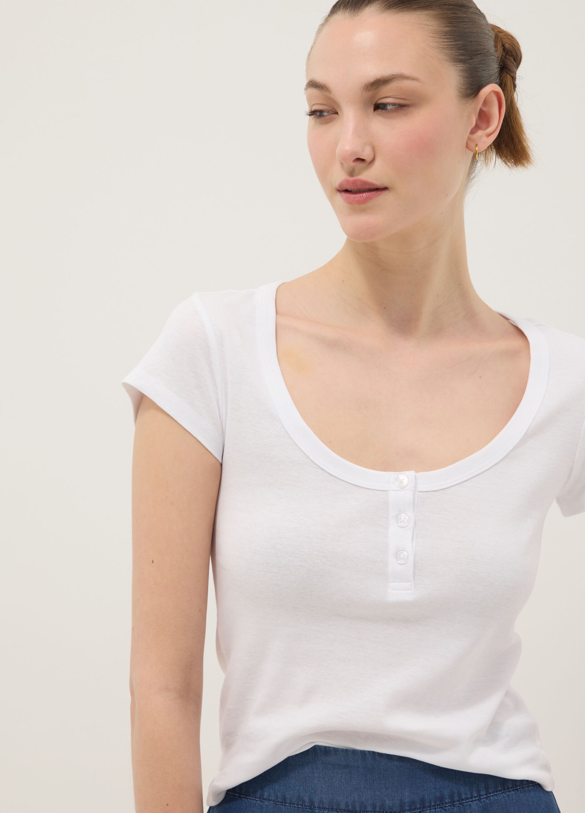 White pure cotton regular fit T-shirt with deep Henley neck