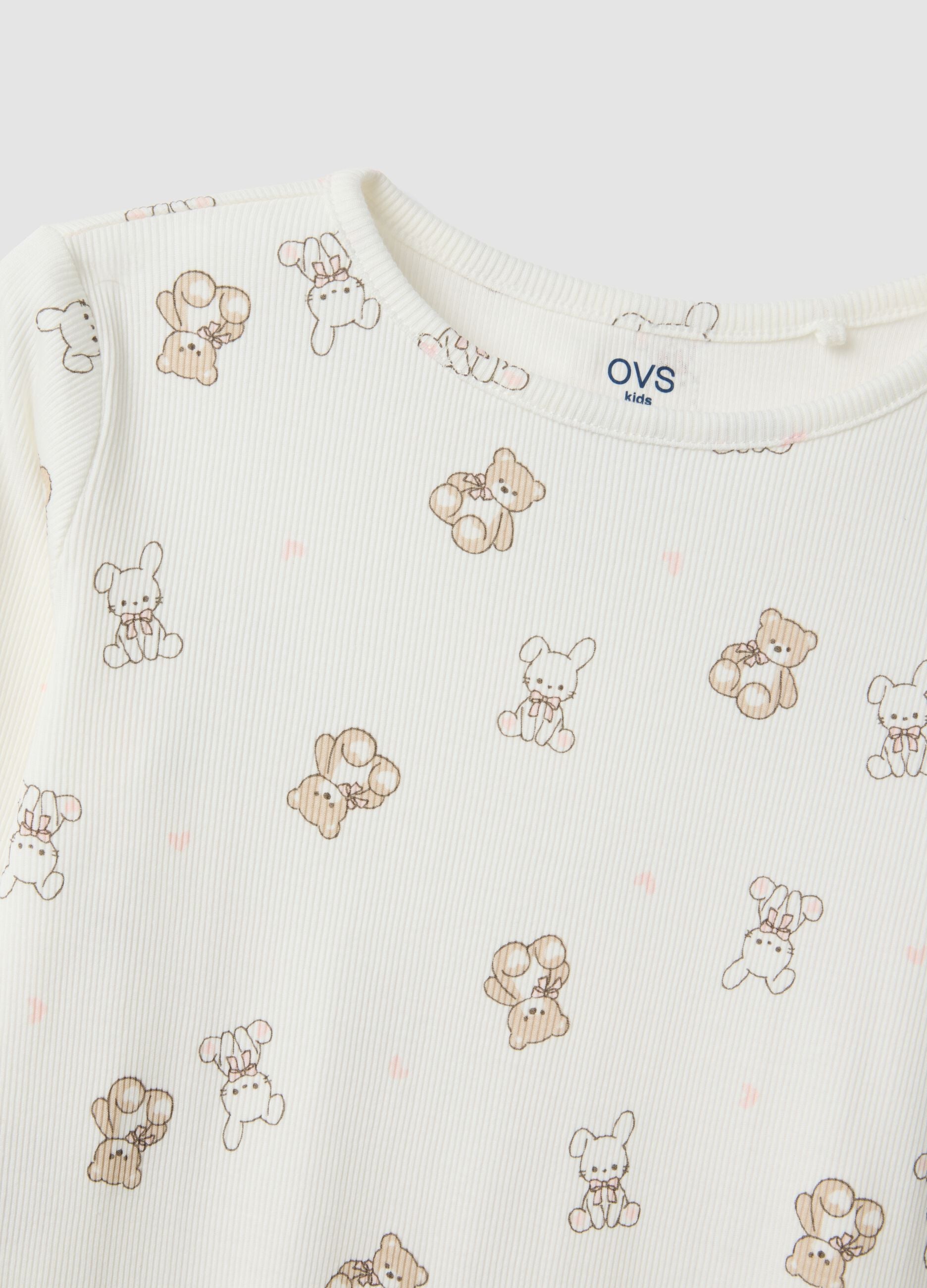 White pure organic cotton ribbed pyjamas with teddy bears for girls