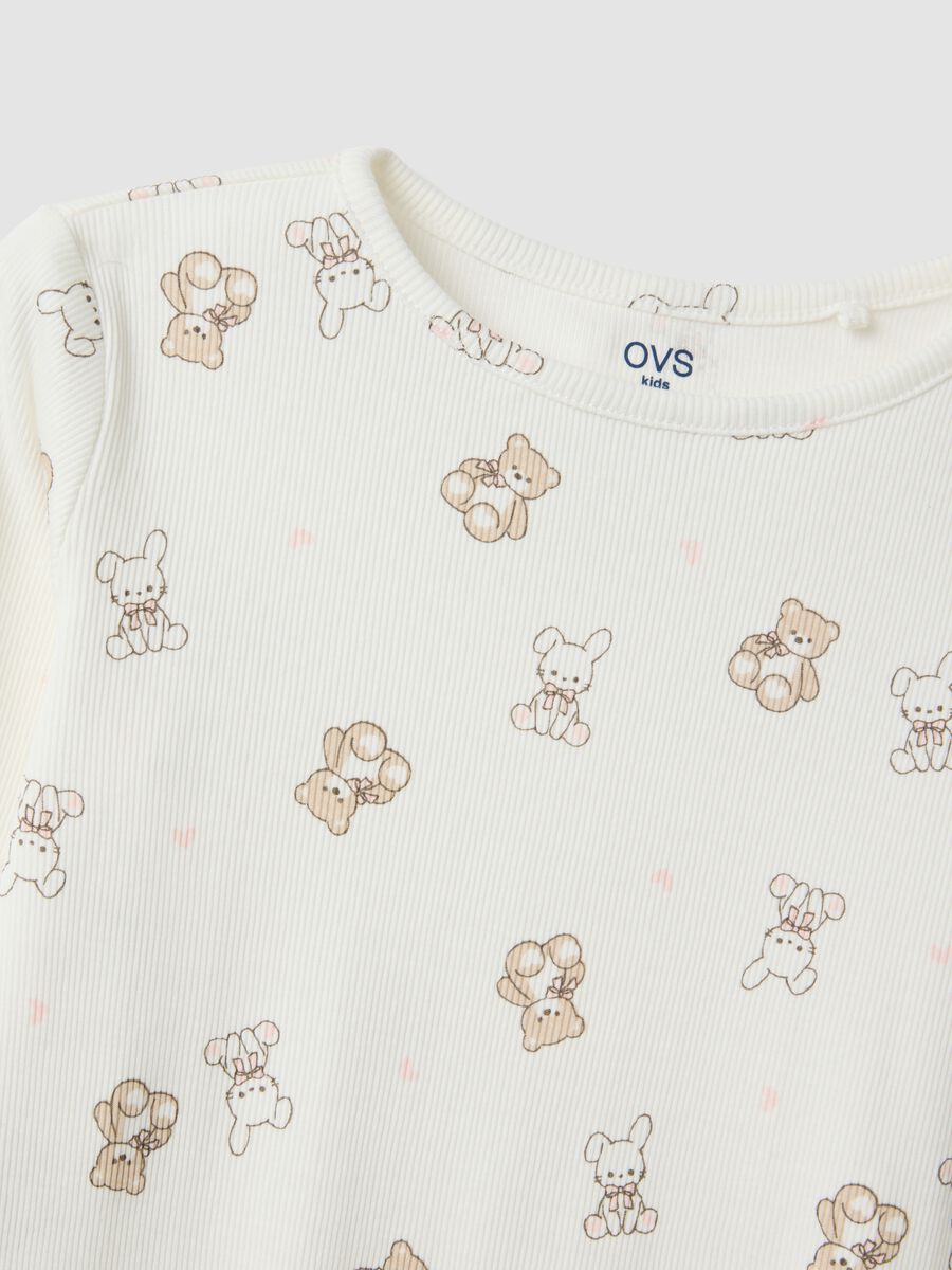 White pure organic cotton ribbed pyjamas with teddy bears for girls_2