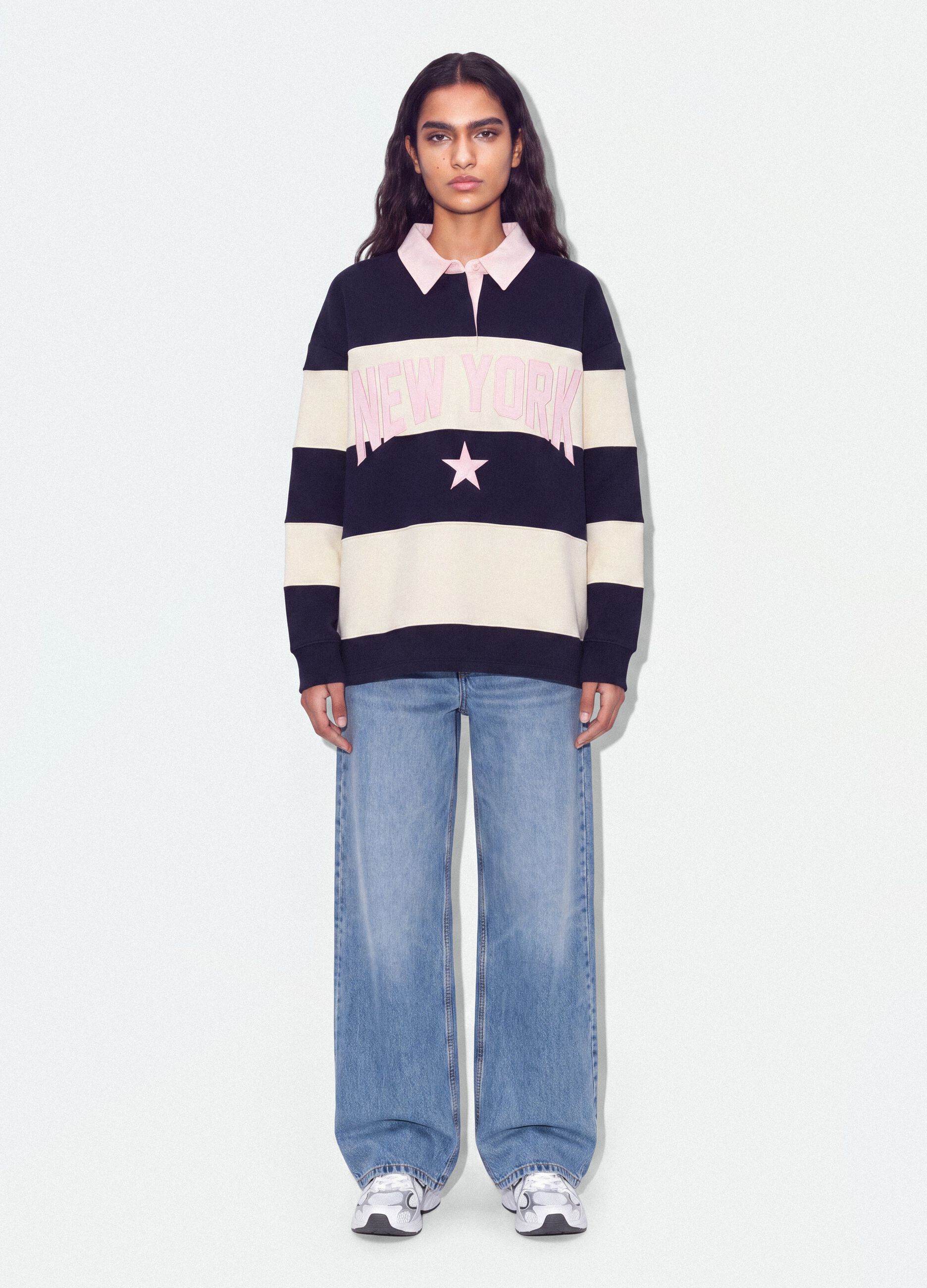 Sweatshirt azul &agrave;s riscas em mistura de algod&atilde;o com colarinho, relaxed fit