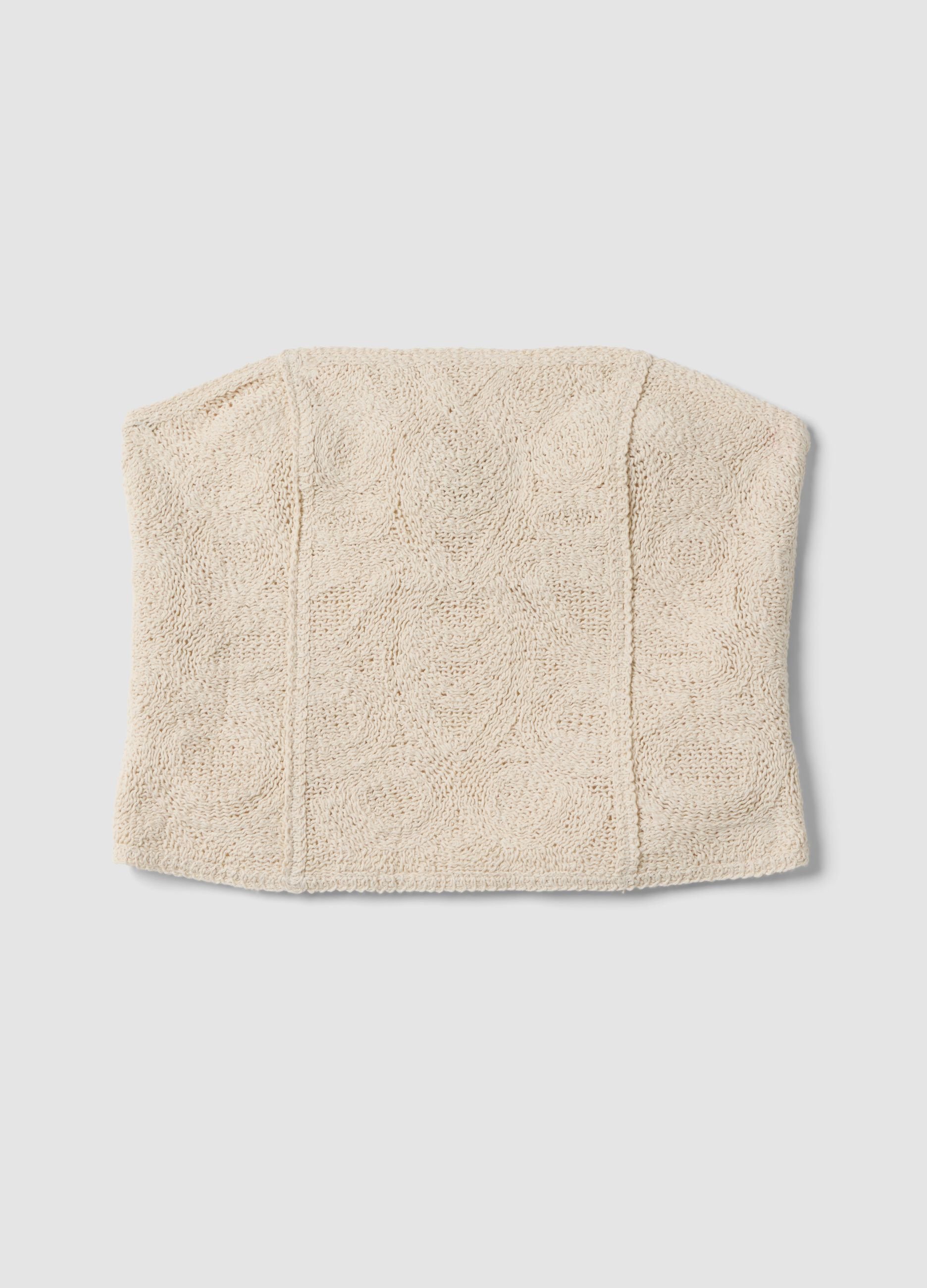 Beige strapless cotton-blend top, regular fit with textured knit