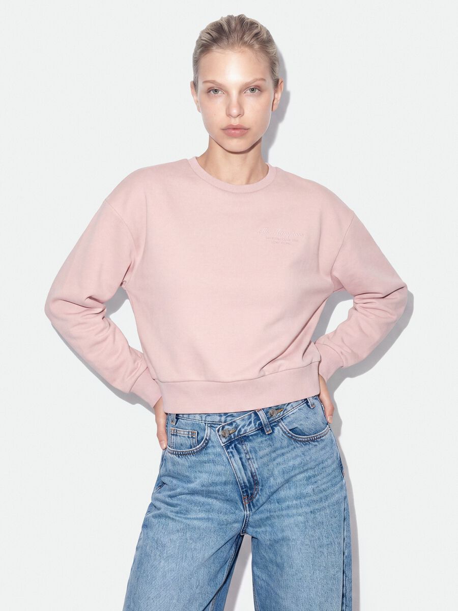 Pink cotton-blend crew-neck sweatshirt with embroidered detail_0