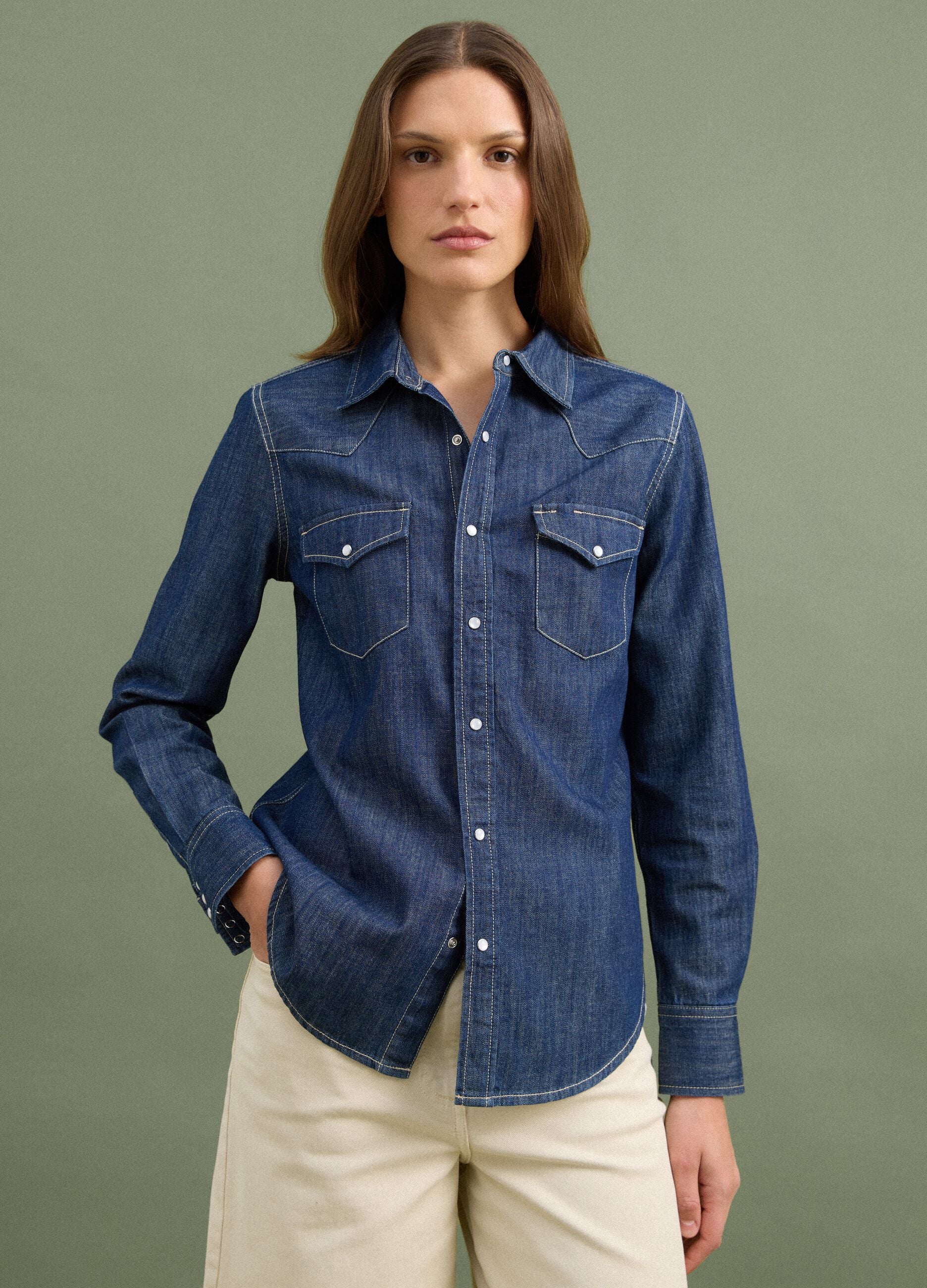 Dark blue pure cotton denim shirt, regular fit