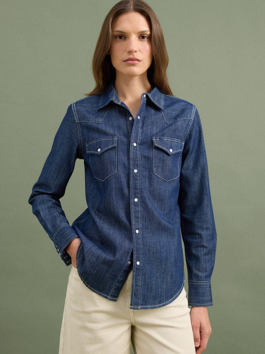 Dark blue pure cotton denim shirt, regular fit_0