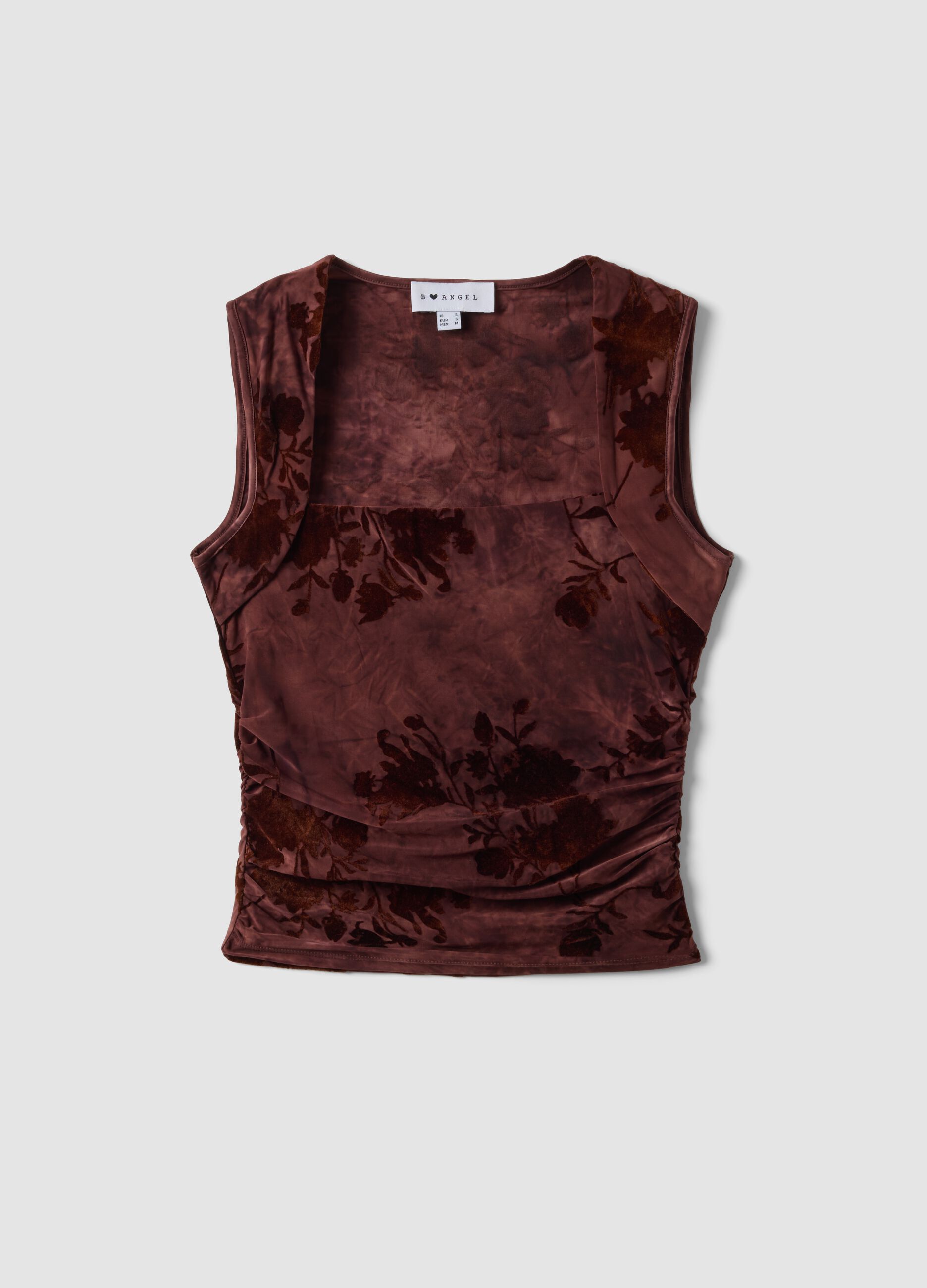 Top fitted rosso in tessuto elasticizzato con fantasia floreale